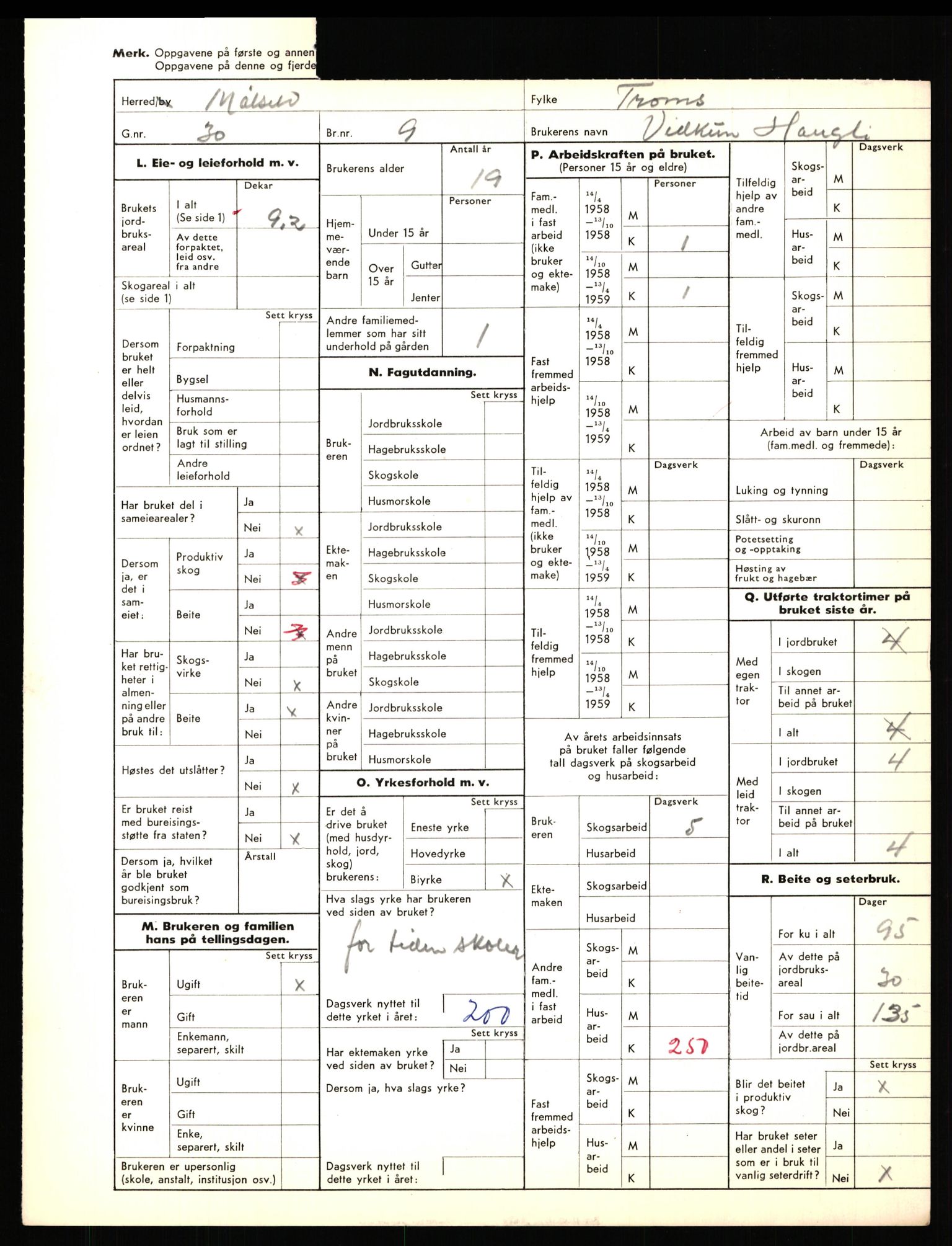 Statistisk sentralbyrå, Næringsøkonomiske emner, Jordbruk, skogbruk, jakt, fiske og fangst, AV/RA-S-2234/G/Gd/L0656: Troms: 1924 Målselv (kl. 0-3) og 1925 Sørreisa, 1959, p. 276