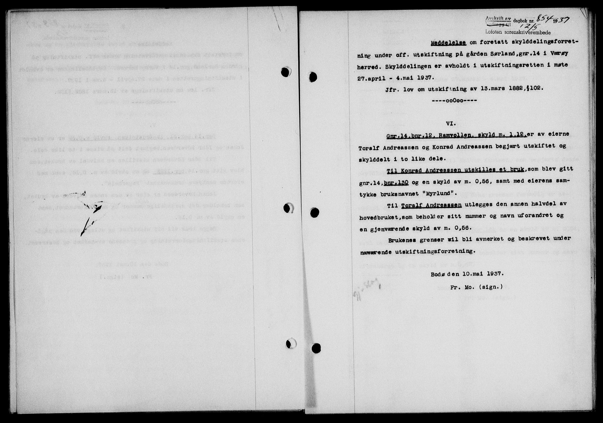Lofoten sorenskriveri, SAT/A-0017/1/2/2C/L0002a: Mortgage book no. 2a, 1937-1937, Diary no: : 854/1937