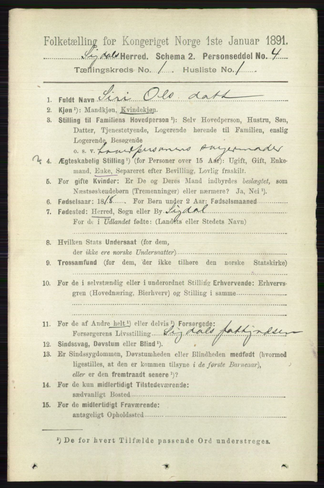 RA, 1891 census for 0621 Sigdal, 1891, p. 190