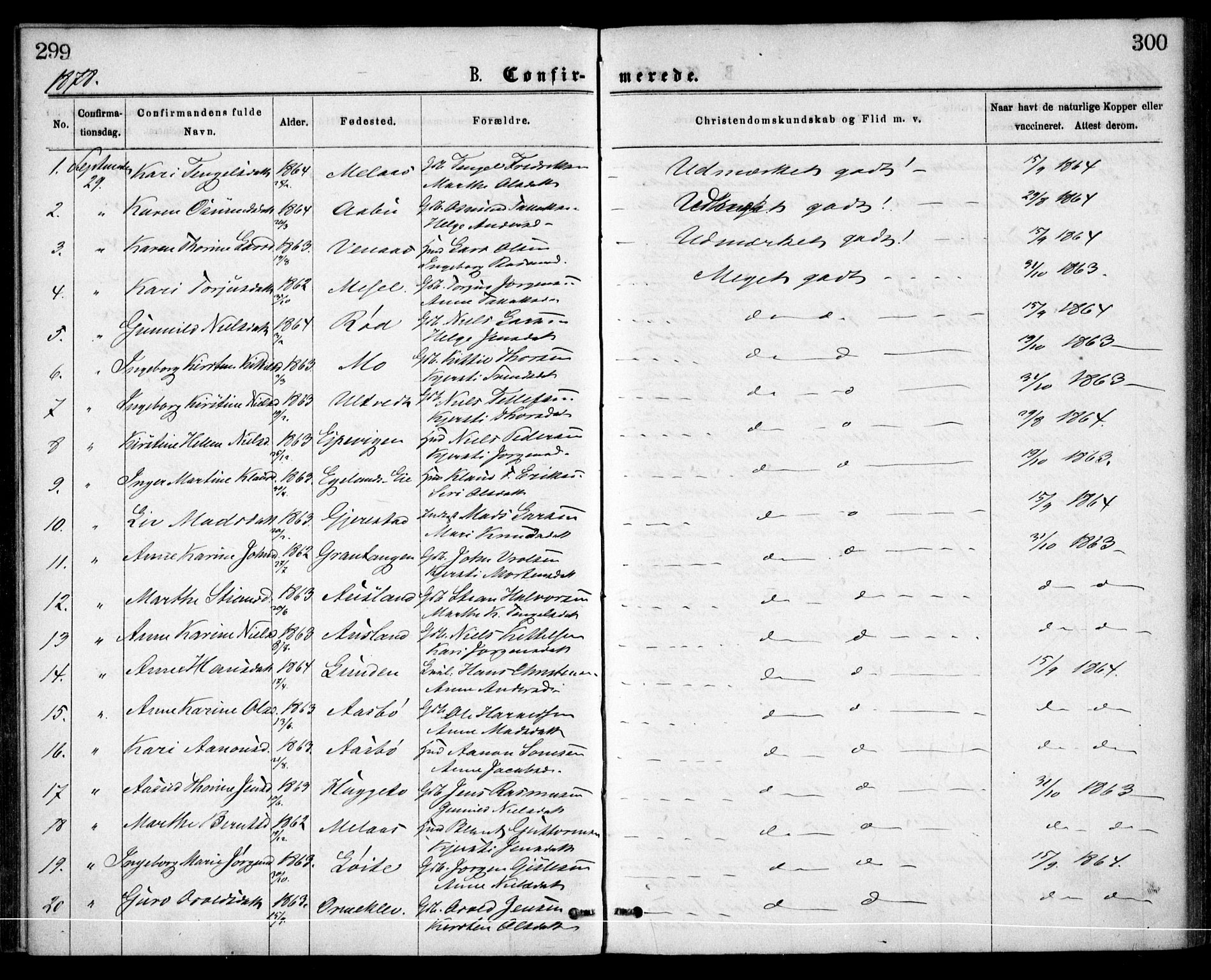 Gjerstad sokneprestkontor, SAK/1111-0014/F/Fa/Faa/L0008: Parish register (official) no. A 8, 1876-1884, p. 299-300
