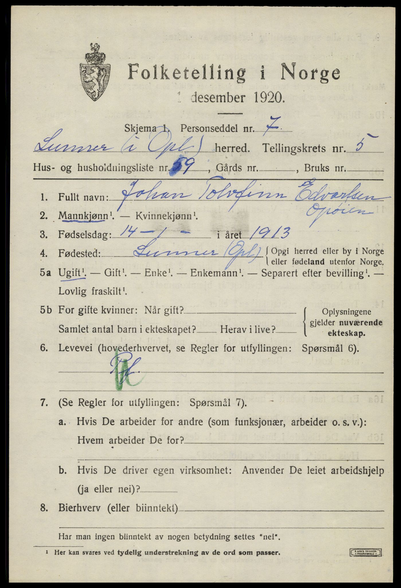 SAH, 1920 census for Lunner, 1920, p. 7659