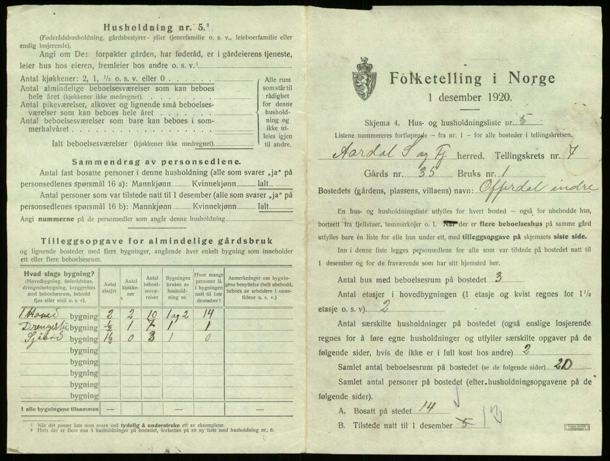 SAB, 1920 census for Årdal, 1920, p. 452