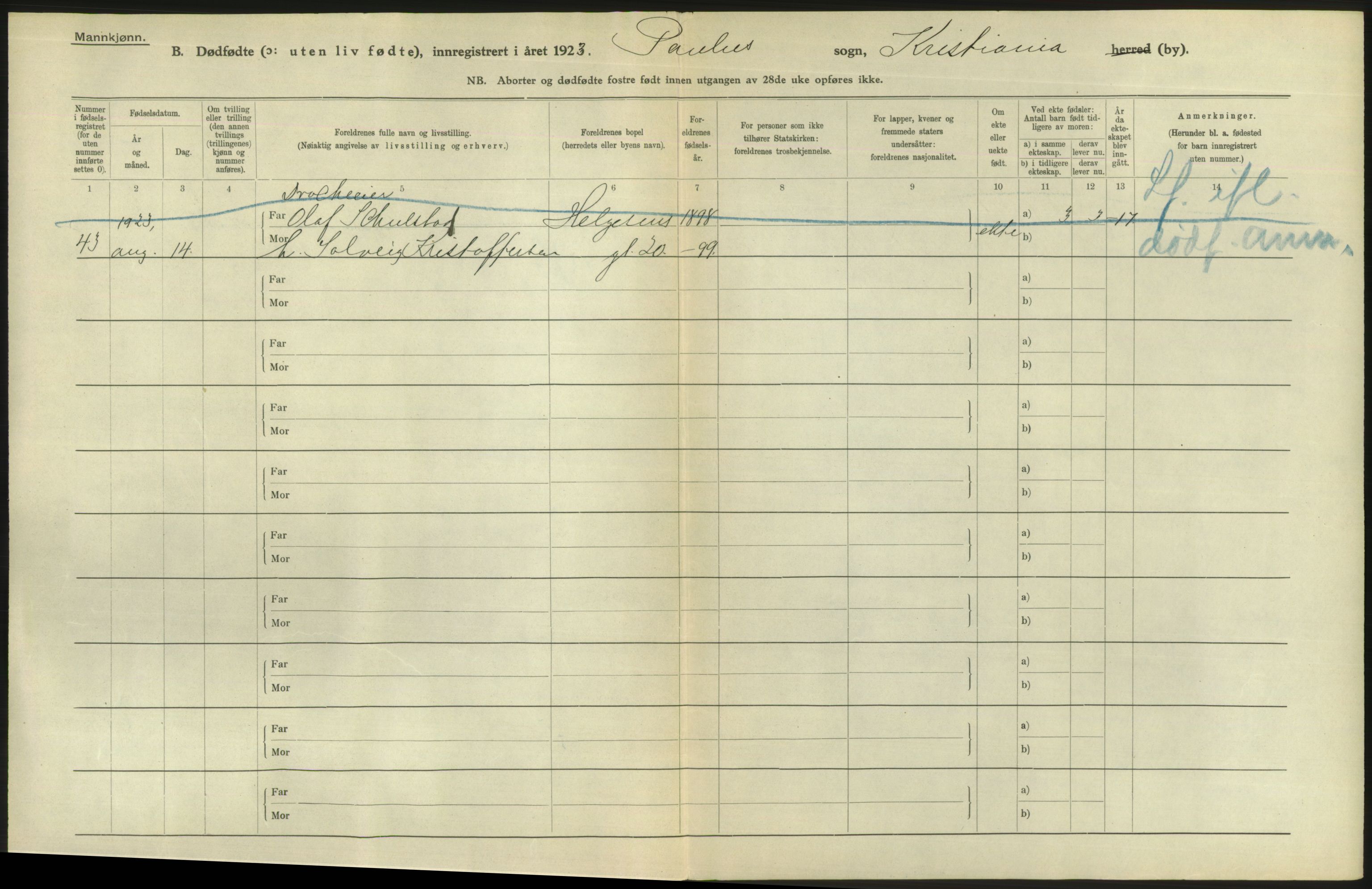 Statistisk sentralbyrå, Sosiodemografiske emner, Befolkning, AV/RA-S-2228/D/Df/Dfc/Dfcc/L0010: Kristiania: Døde, dødfødte, 1923, p. 12