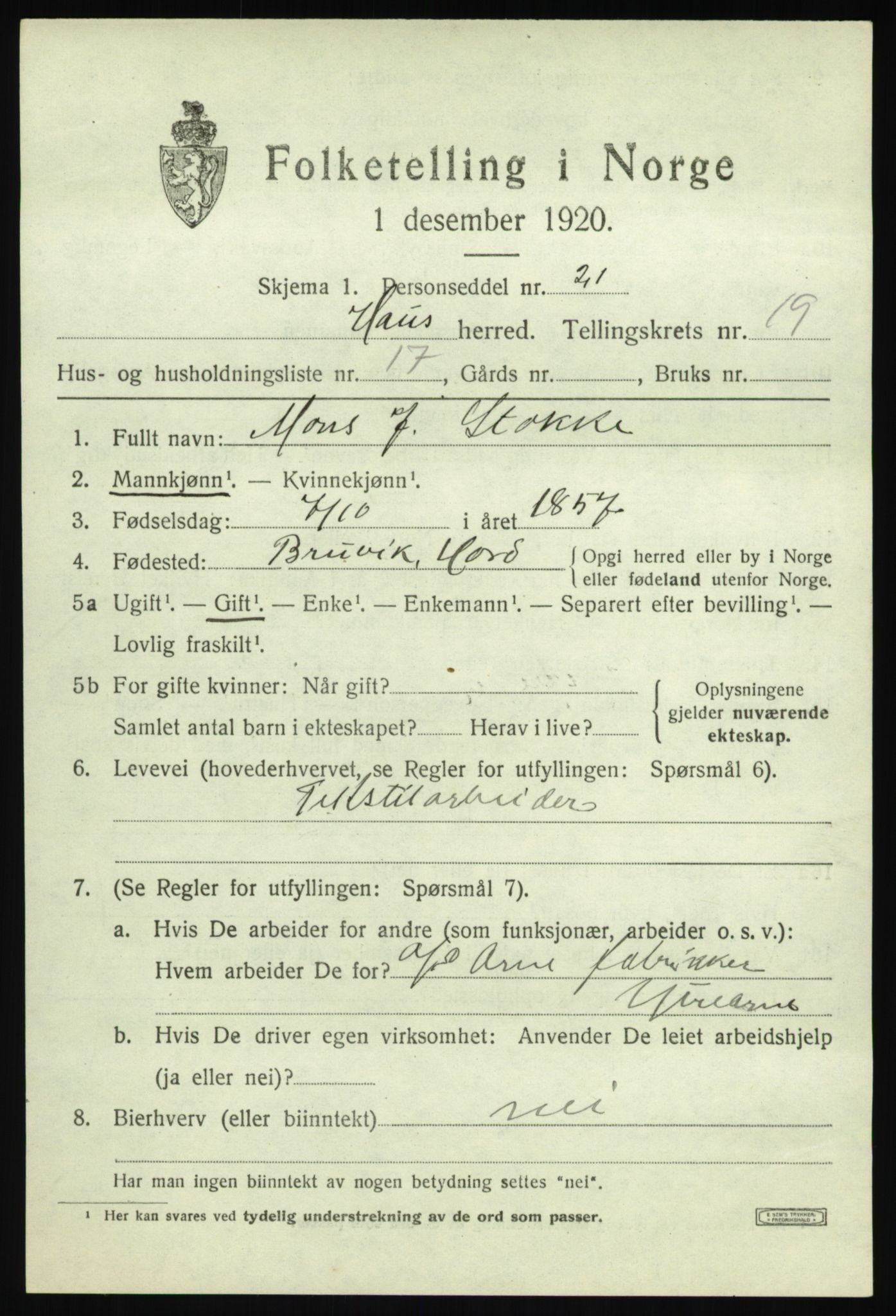 SAB, 1920 census for Haus, 1920, p. 12598