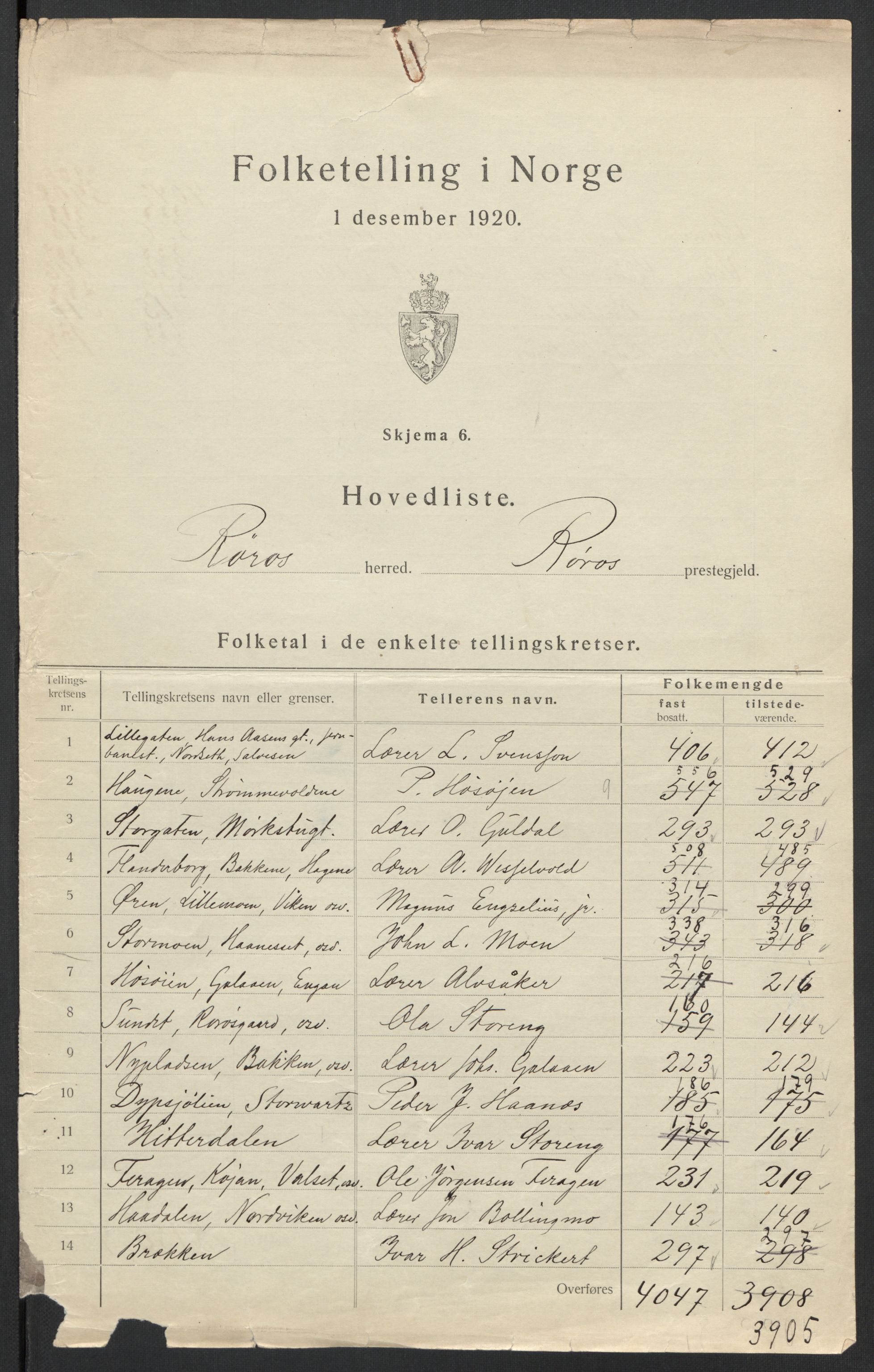 SAT, 1920 census for Røros, 1920, p. 3