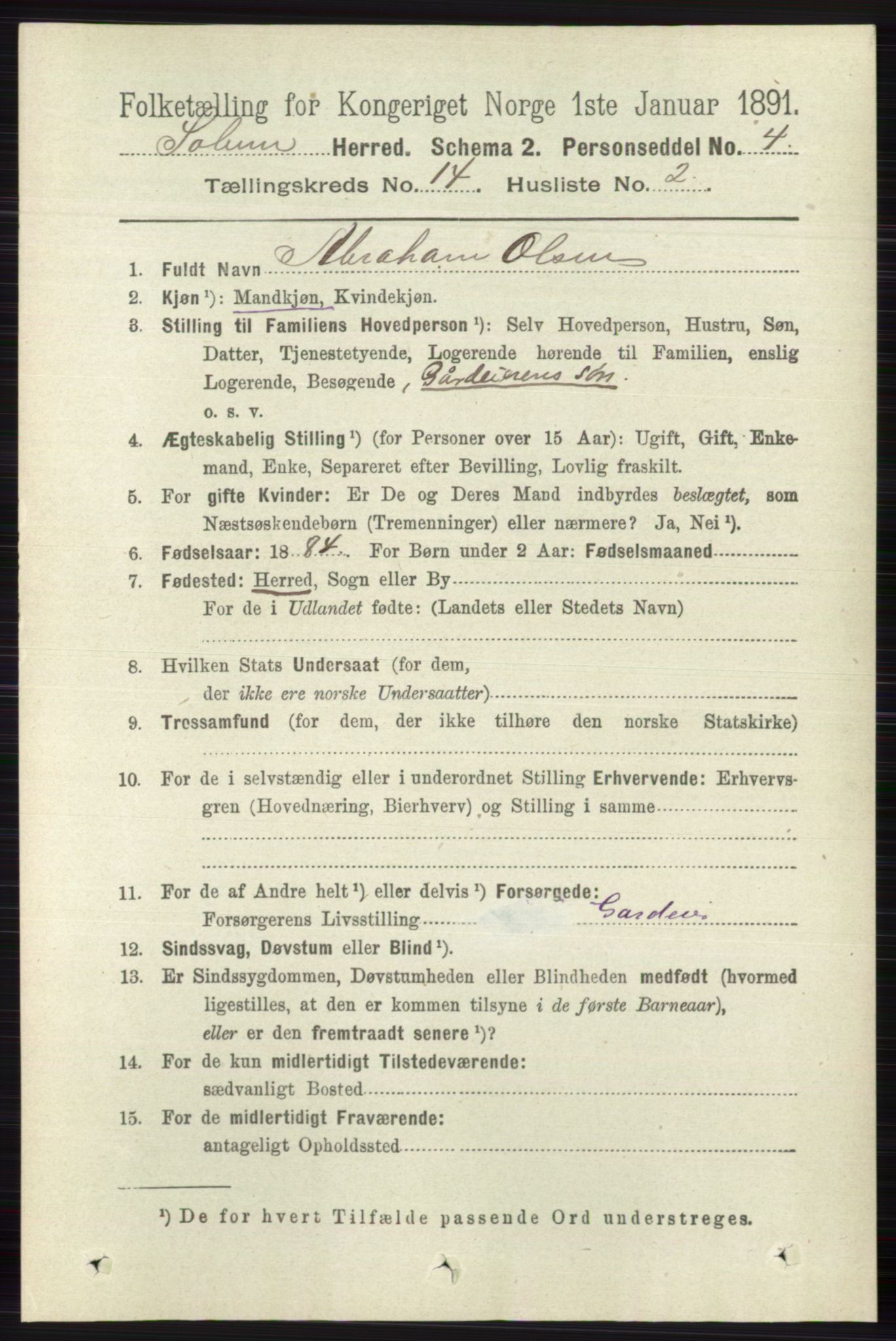 RA, 1891 census for 0818 Solum, 1891, p. 6372