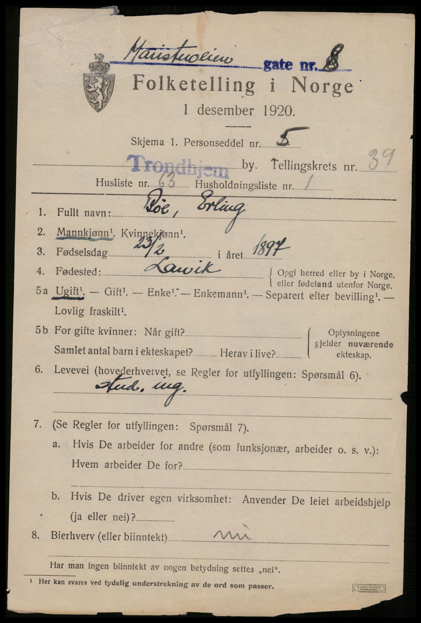 SAT, 1920 census for Trondheim, 1920, p. 89412