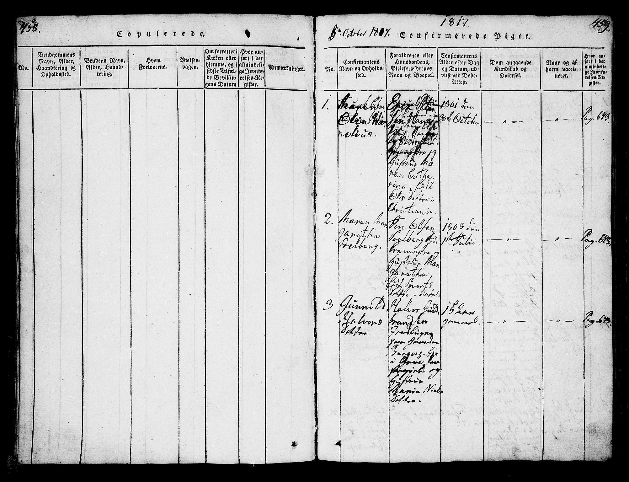 Oslo domkirke Kirkebøker, SAO/A-10752/G/Ga/L0001: Parish register (copy) no. 1, 1817-1825, p. 458-459