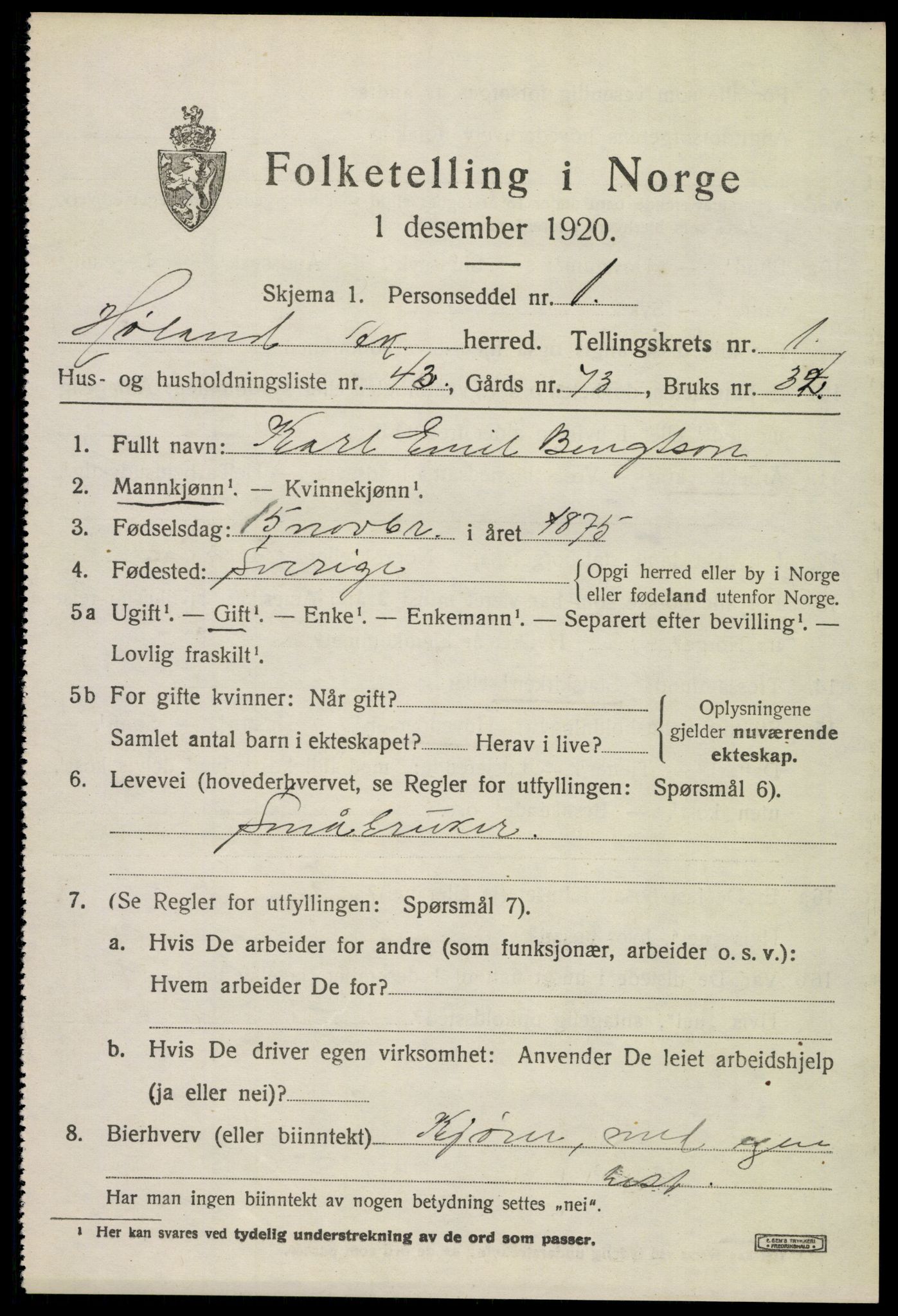 SAO, 1920 census for Høland, 1920, p. 2601