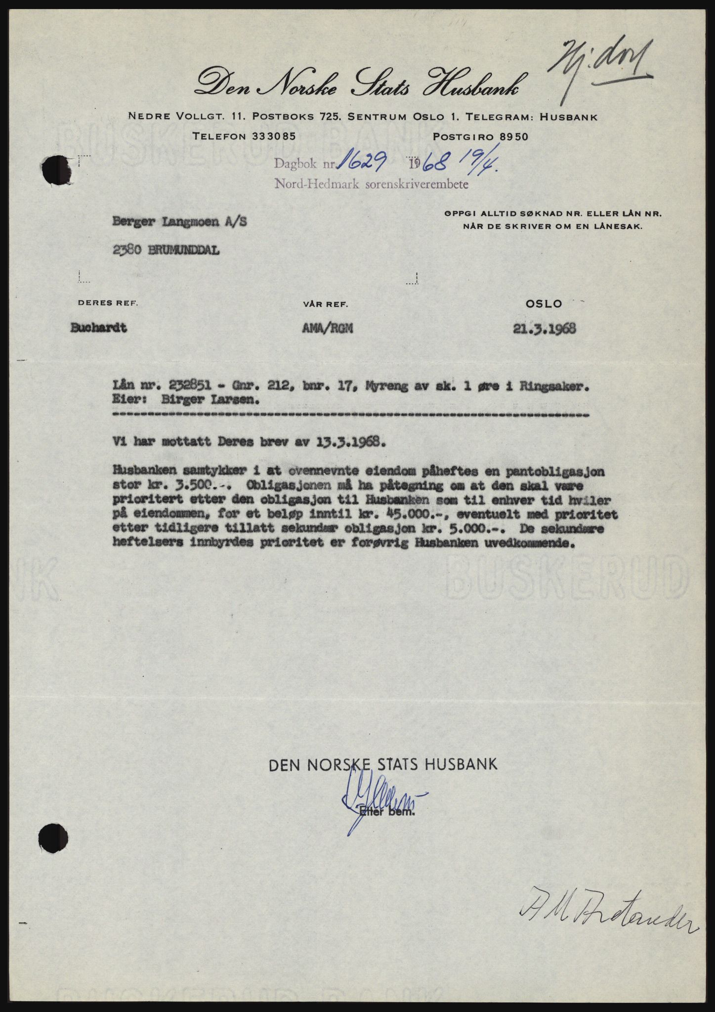 Nord-Hedmark sorenskriveri, SAH/TING-012/H/Hc/L0027: Mortgage book no. 27, 1967-1968, Diary no: : 1629/1968