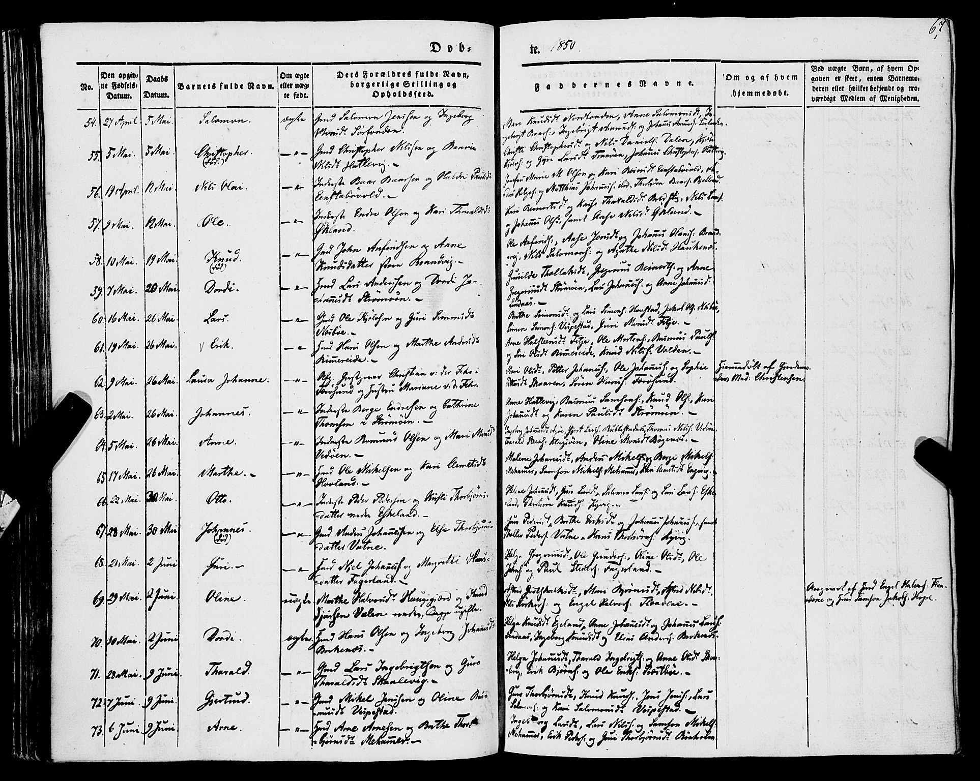 Stord sokneprestembete, AV/SAB-A-78201/H/Haa: Parish register (official) no. A 7, 1841-1861, p. 67