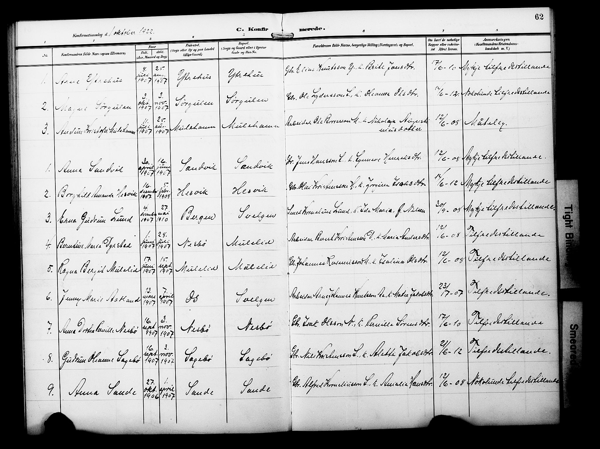 Davik sokneprestembete, AV/SAB-A-79701/H/Hab/Habb/L0001: Parish register (copy) no. B 1, 1903-1928, p. 62