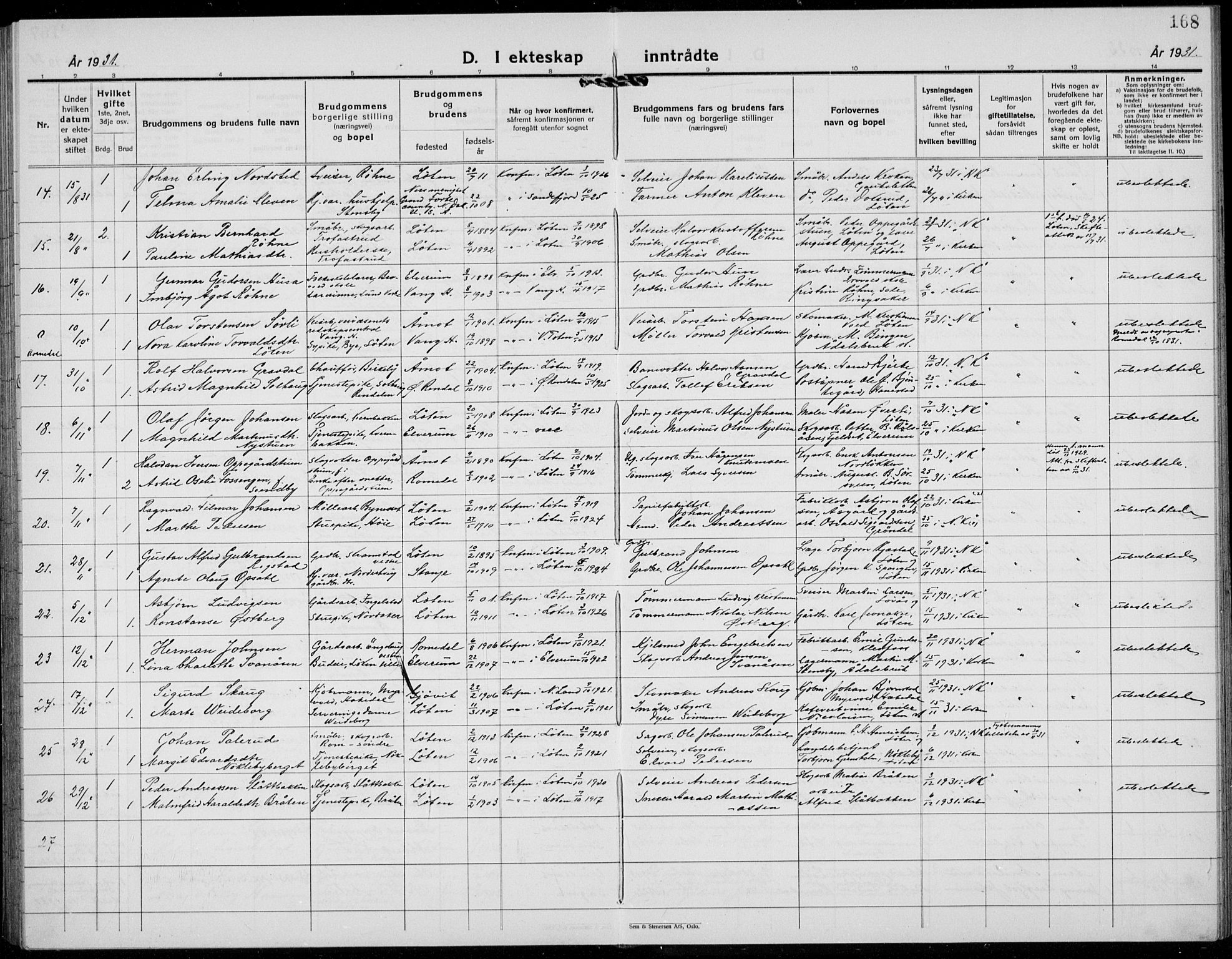 Løten prestekontor, SAH/PREST-022/L/La/L0009: Parish register (copy) no. 9, 1930-1939, p. 168