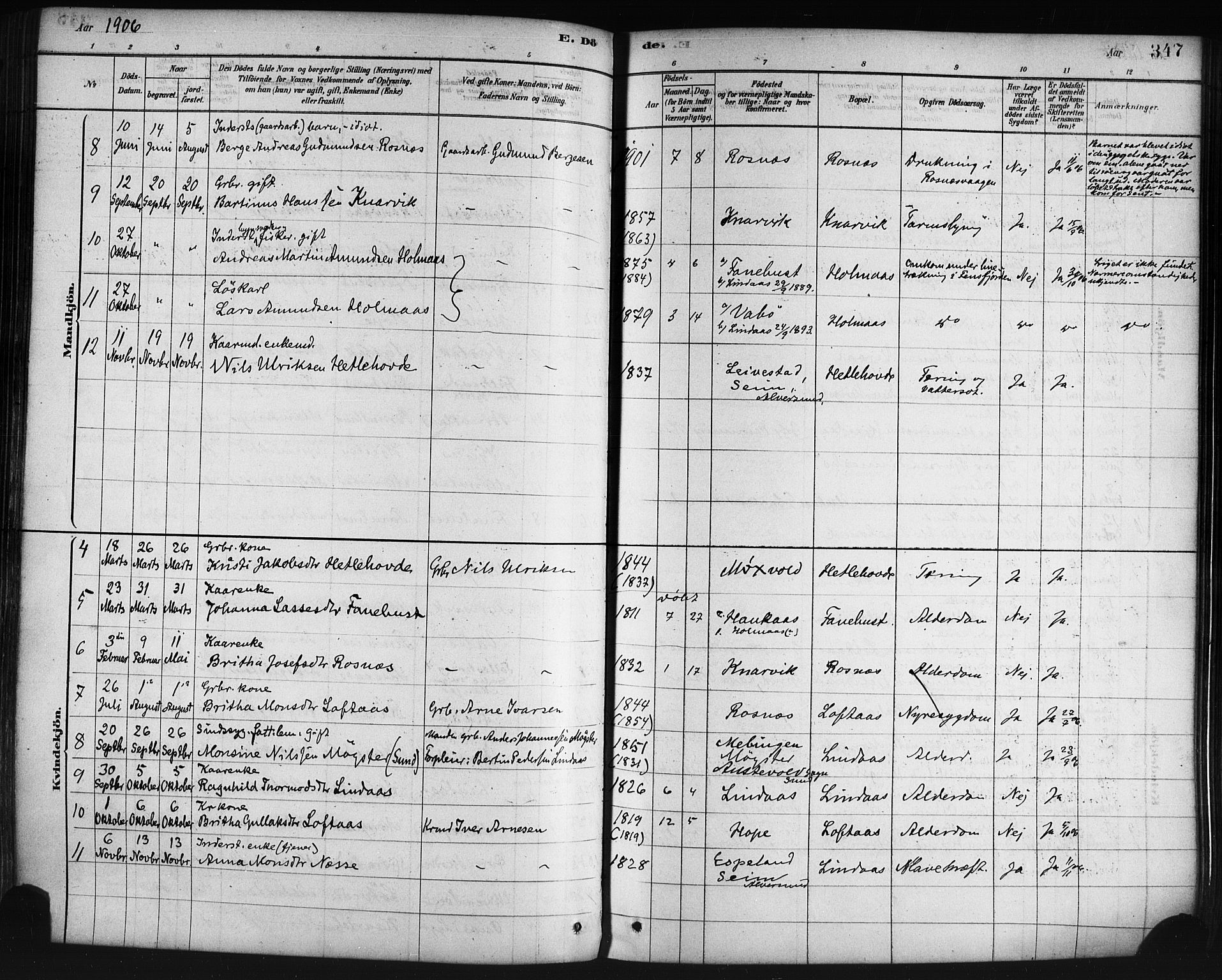 Lindås Sokneprestembete, SAB/A-76701/H/Haa: Parish register (official) no. A 19, 1878-1912, p. 347