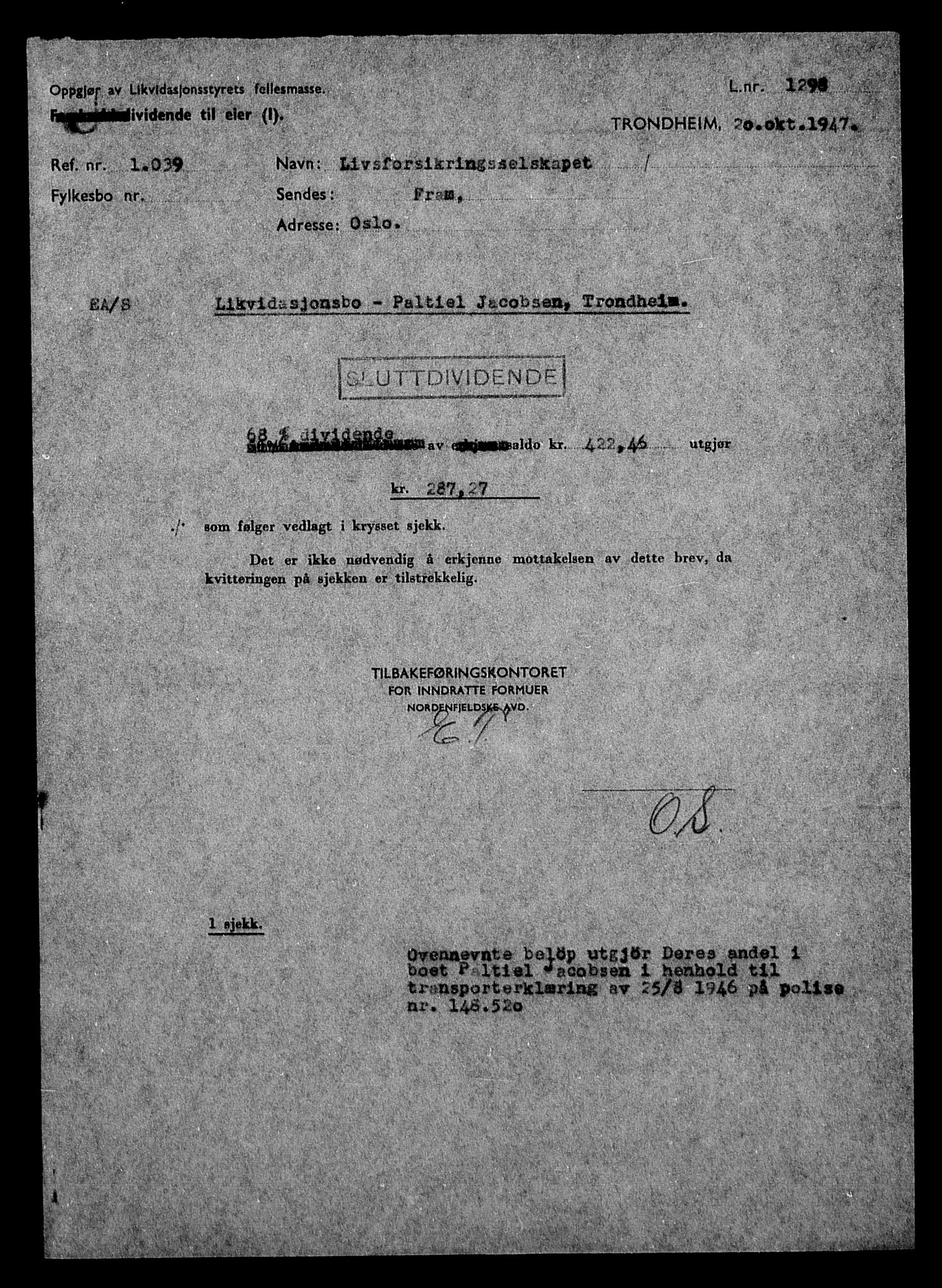 Justisdepartementet, Tilbakeføringskontoret for inndratte formuer, AV/RA-S-1564/H/Hc/Hca/L0899: --, 1945-1947, p. 18