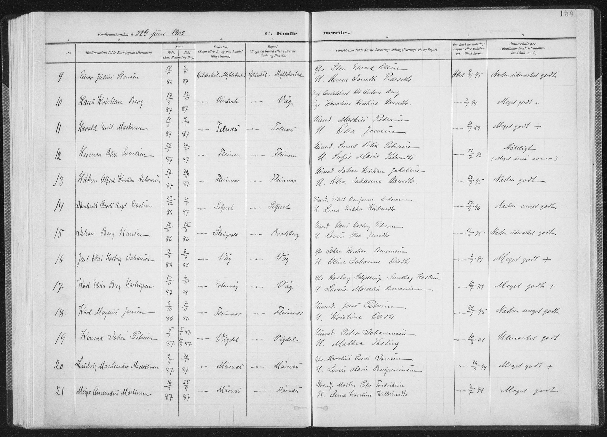 Ministerialprotokoller, klokkerbøker og fødselsregistre - Nordland, AV/SAT-A-1459/805/L0102: Parish register (official) no. 805A08I, 1900-1909, p. 154