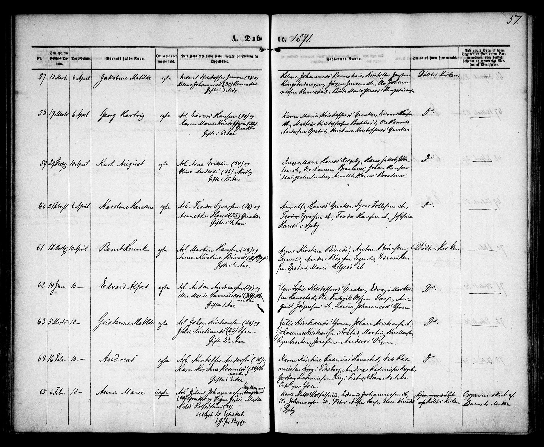 Tune prestekontor Kirkebøker, AV/SAO-A-2007/F/Fa/L0015: Parish register (official) no. 15, 1869-1873, p. 57