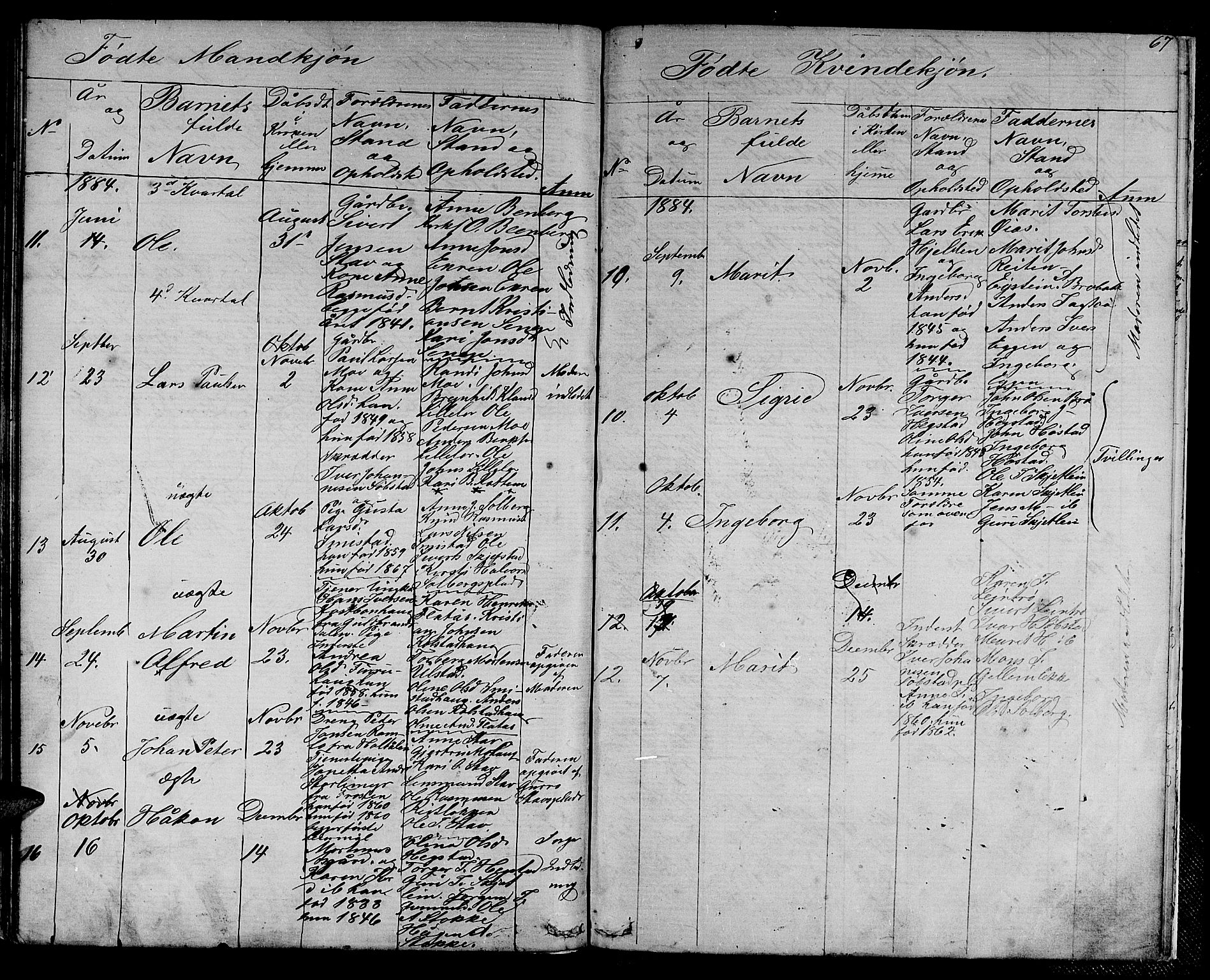 Ministerialprotokoller, klokkerbøker og fødselsregistre - Sør-Trøndelag, SAT/A-1456/613/L0394: Parish register (copy) no. 613C02, 1862-1886, p. 67