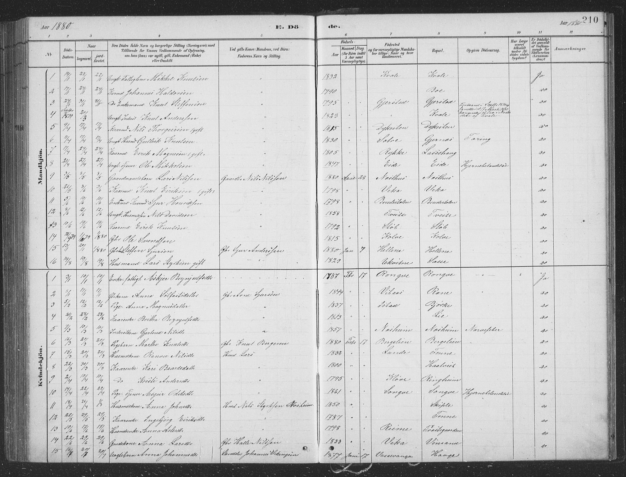 Voss sokneprestembete, SAB/A-79001/H/Hab: Parish register (copy) no. B 3, 1879-1894, p. 210