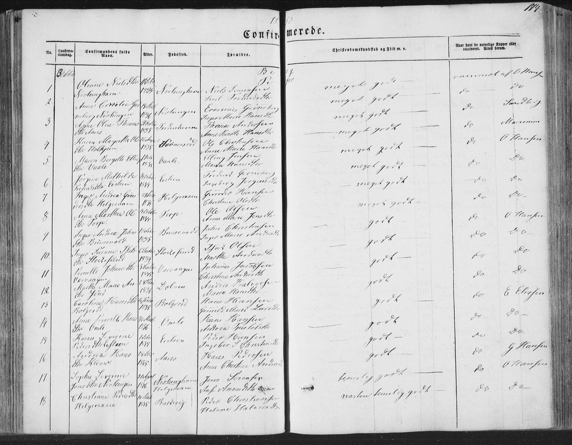 Brunlanes kirkebøker, AV/SAKO-A-342/F/Fa/L0004: Parish register (official) no. I 4, 1846-1862, p. 174