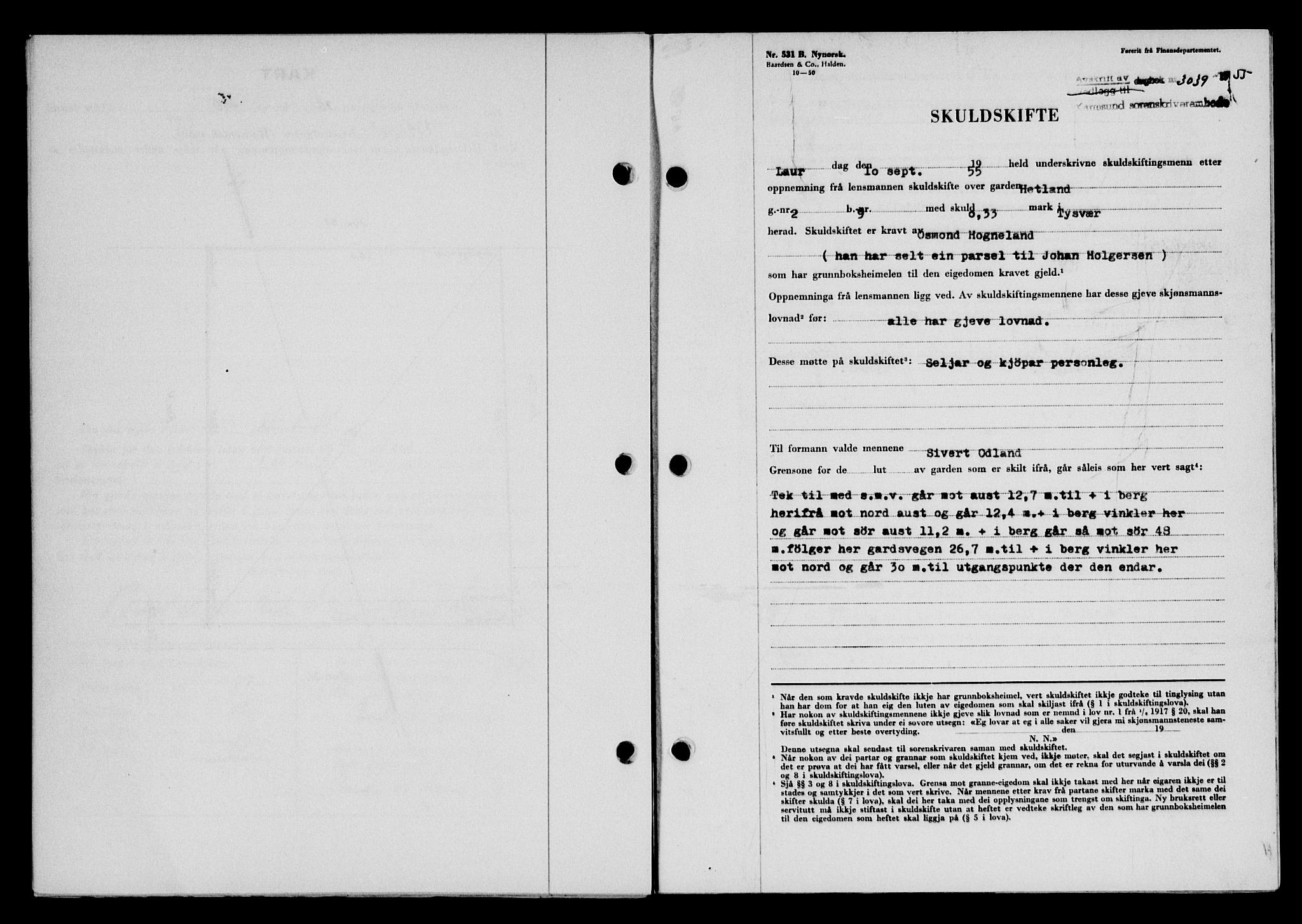 Karmsund sorenskriveri, SAST/A-100311/01/II/IIB/L0117: Mortgage book no. 97Aa, 1955-1955, Diary no: : 3039/1955