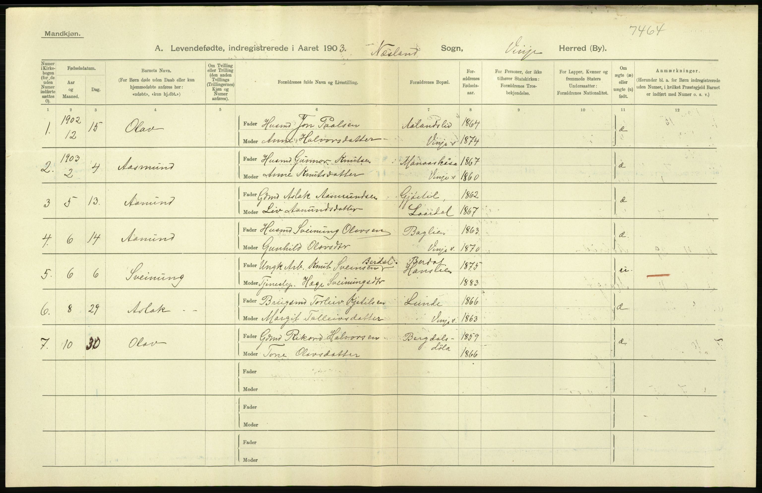 Statistisk sentralbyrå, Sosiodemografiske emner, Befolkning, AV/RA-S-2228/D/Df/Dfa/Dfaa/L0009: Bratsberg amt: Fødte, gifte, døde, 1903, p. 16