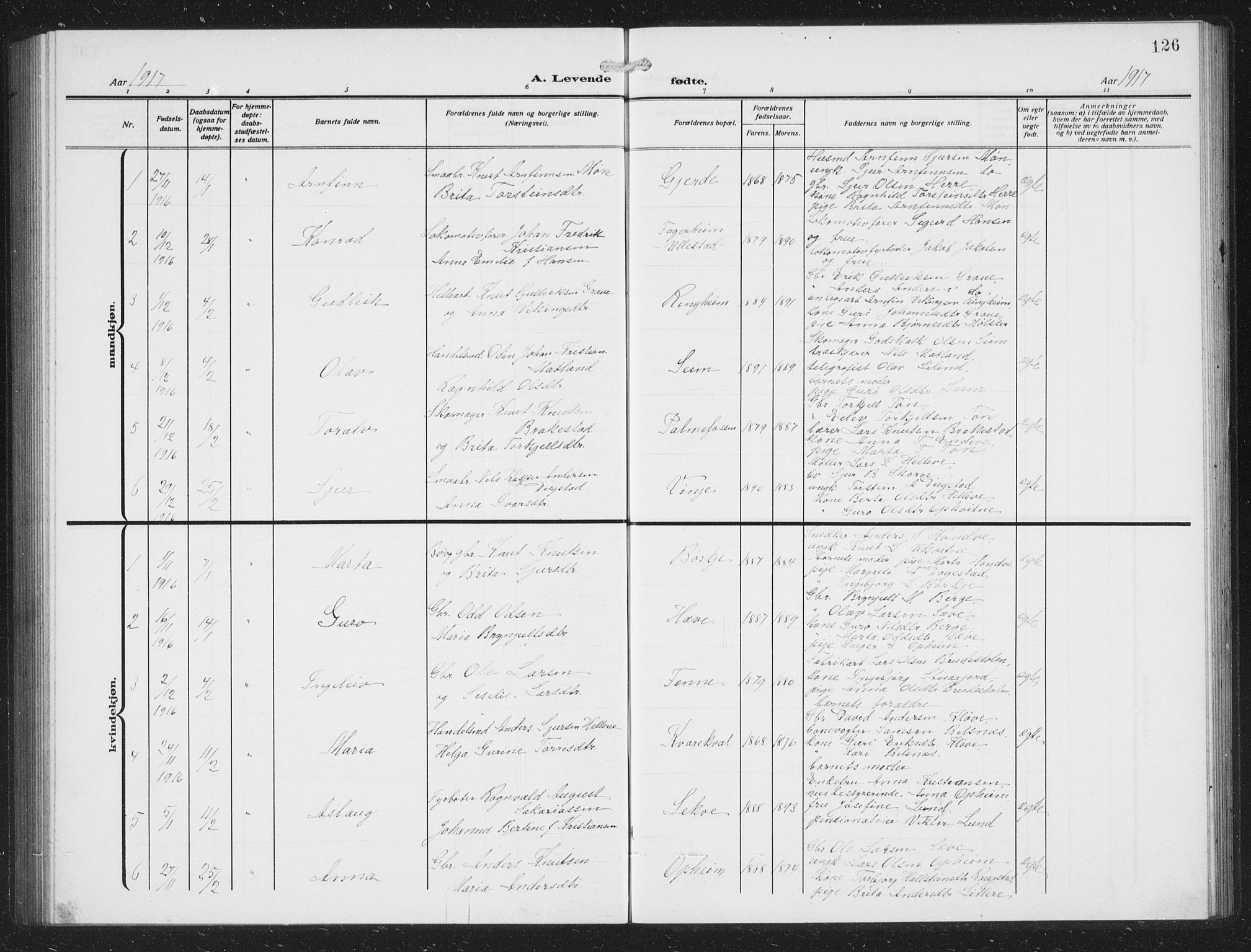 Voss sokneprestembete, SAB/A-79001/H/Hab: Parish register (copy) no. C 3, 1909-1920, p. 126