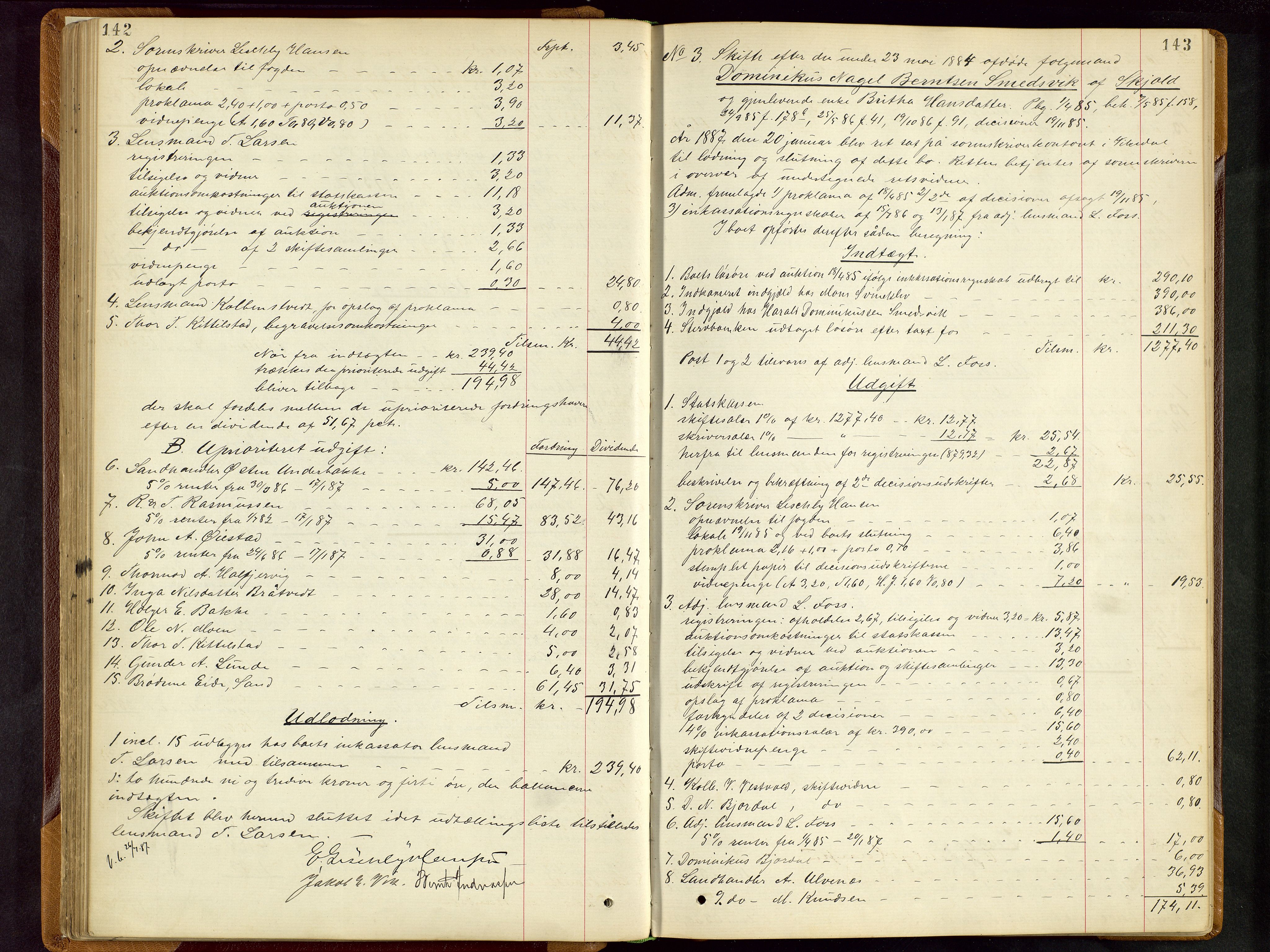 Ryfylke tingrett, AV/SAST-A-100055/001/IV/IVD/L0028: Skifteprotokoll, register i protokollen, 1885-1893, p. 142-143