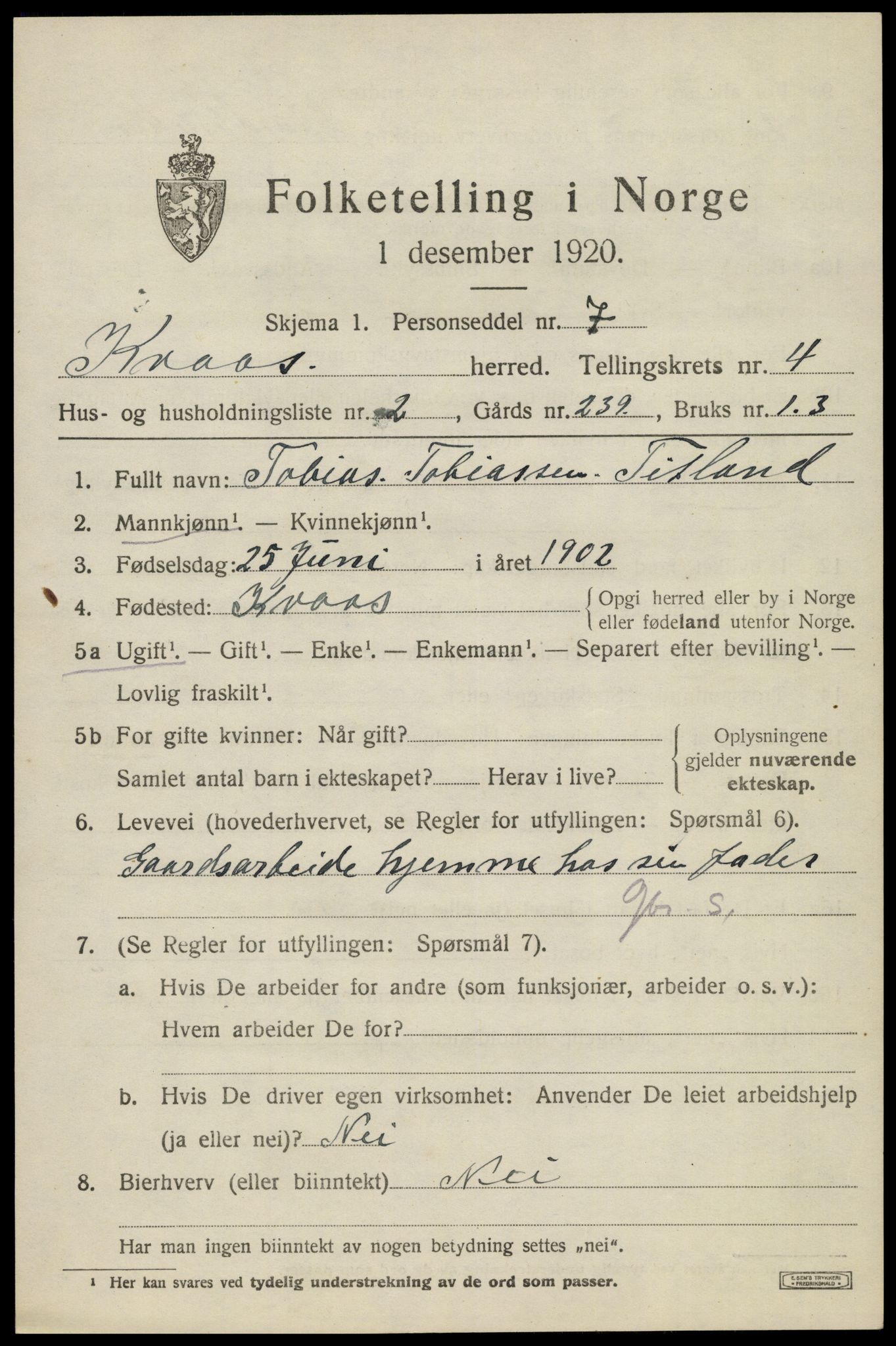 SAK, 1920 census for Kvås, 1920, p. 1186