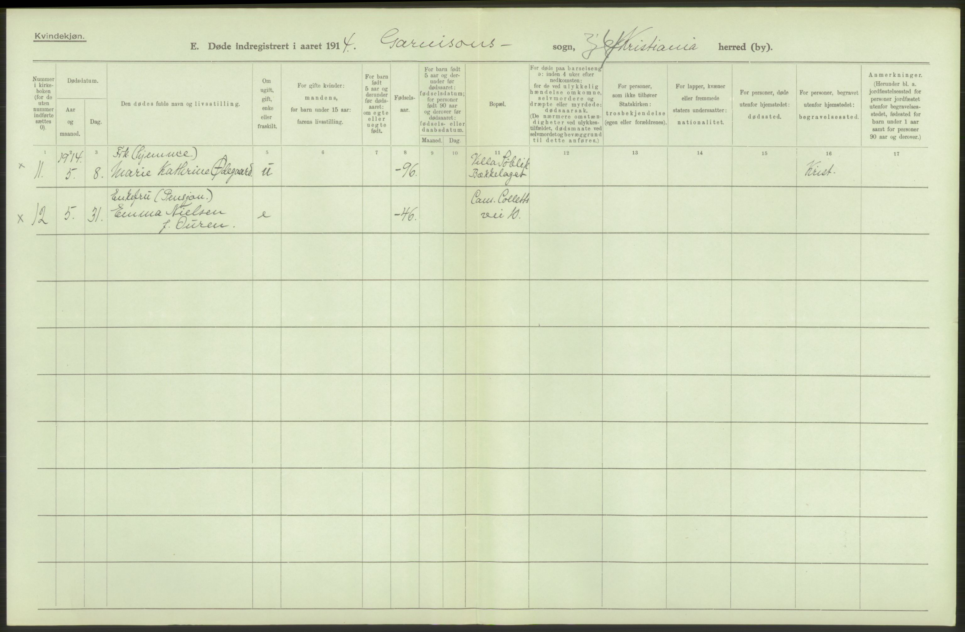 Statistisk sentralbyrå, Sosiodemografiske emner, Befolkning, AV/RA-S-2228/D/Df/Dfb/Dfbd/L0008: Kristiania: Døde, 1914, p. 34