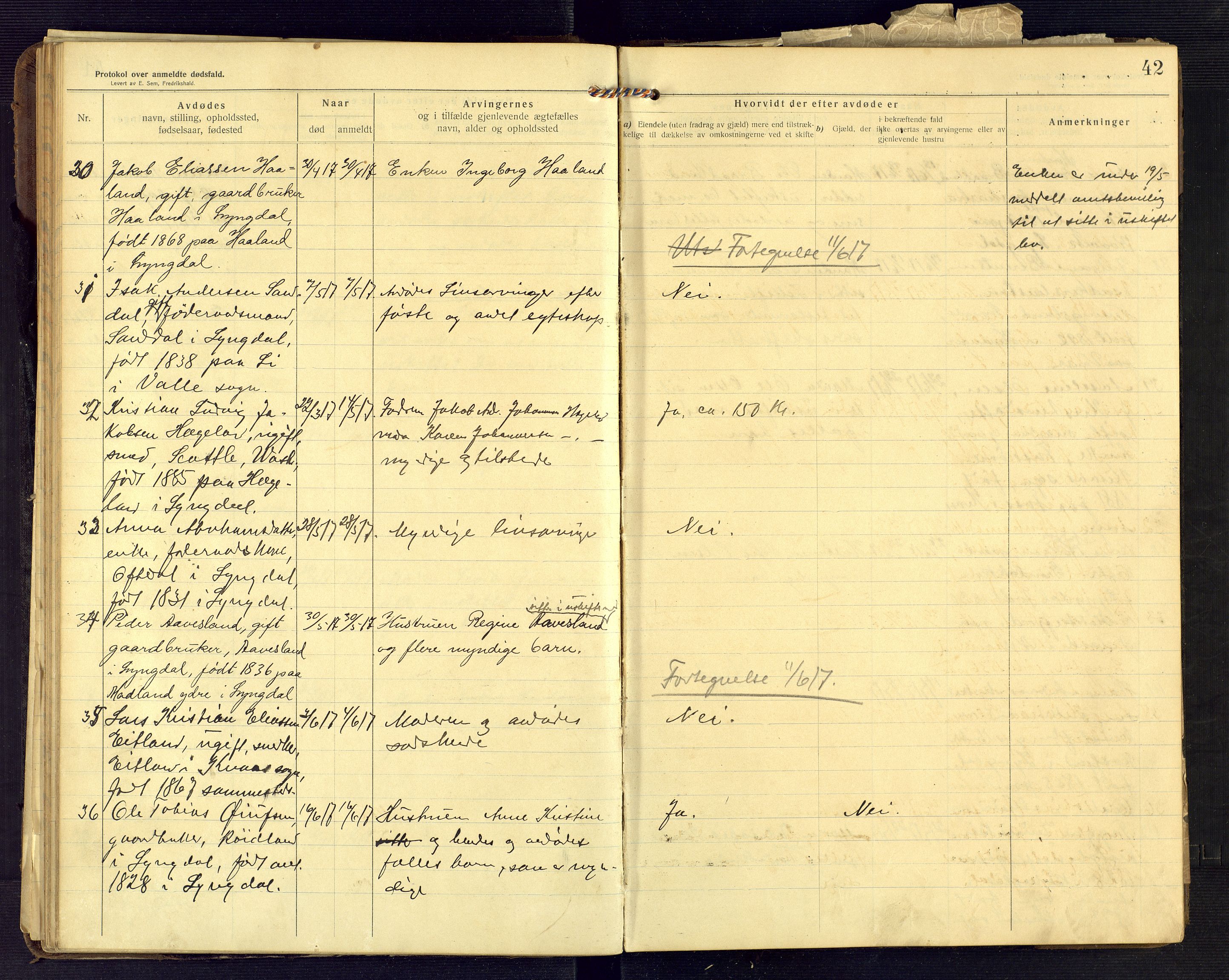 Lyngdal lensmannskontor, AV/SAK-1241-0031/F/Fe/L0001/0003: Dødsfall nr 8 / Dødsfallsprotokoll, 1914-1923, p. 42