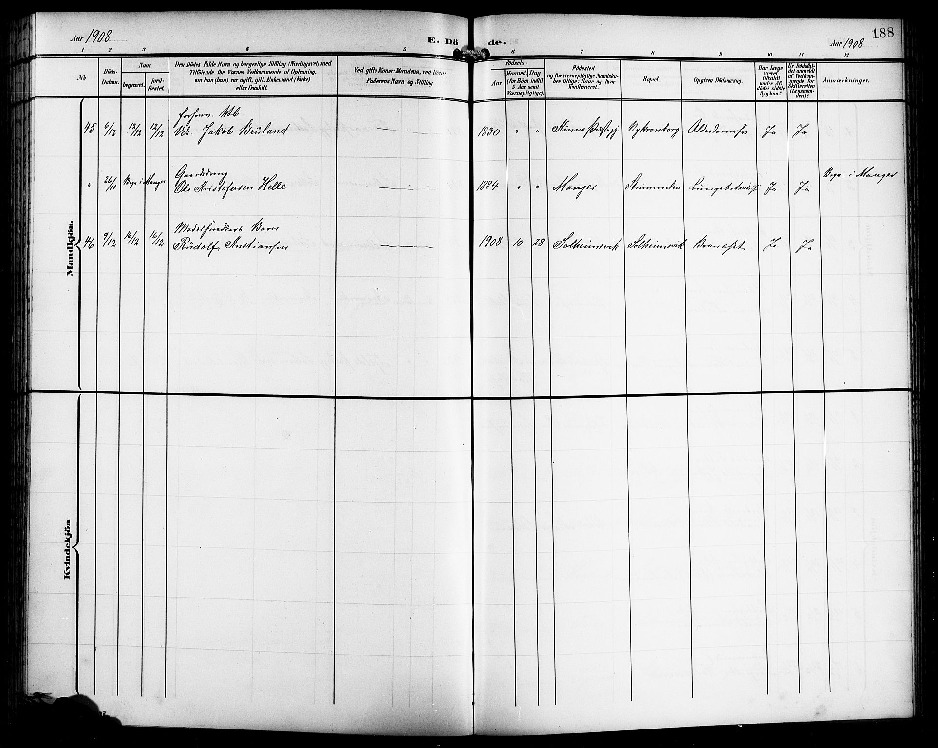 Årstad Sokneprestembete, SAB/A-79301/H/Hab/L0018: Parish register (copy) no. C 1, 1902-1919, p. 188