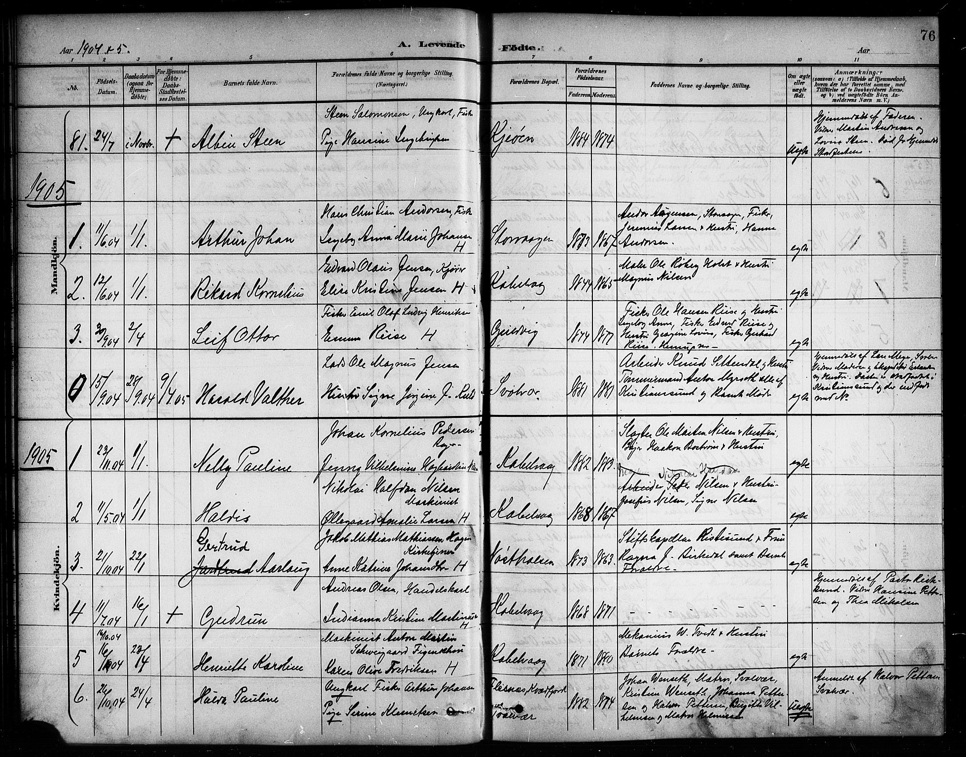 Ministerialprotokoller, klokkerbøker og fødselsregistre - Nordland, AV/SAT-A-1459/874/L1078: Parish register (copy) no. 874C07, 1900-1907, p. 76