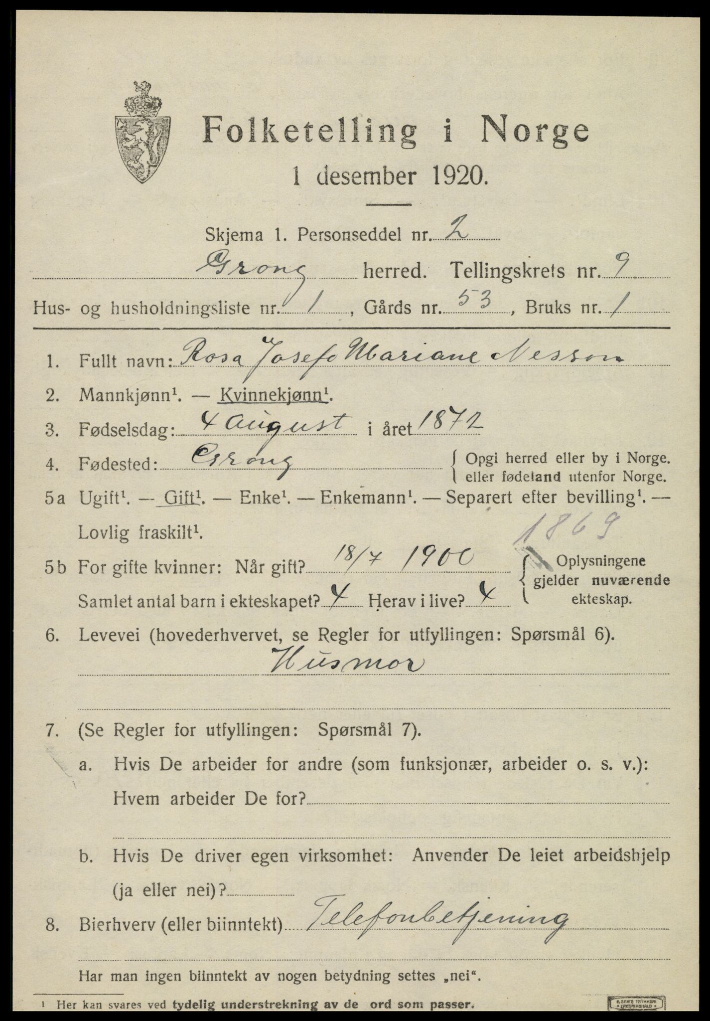 SAT, 1920 census for Grong, 1920, p. 5107