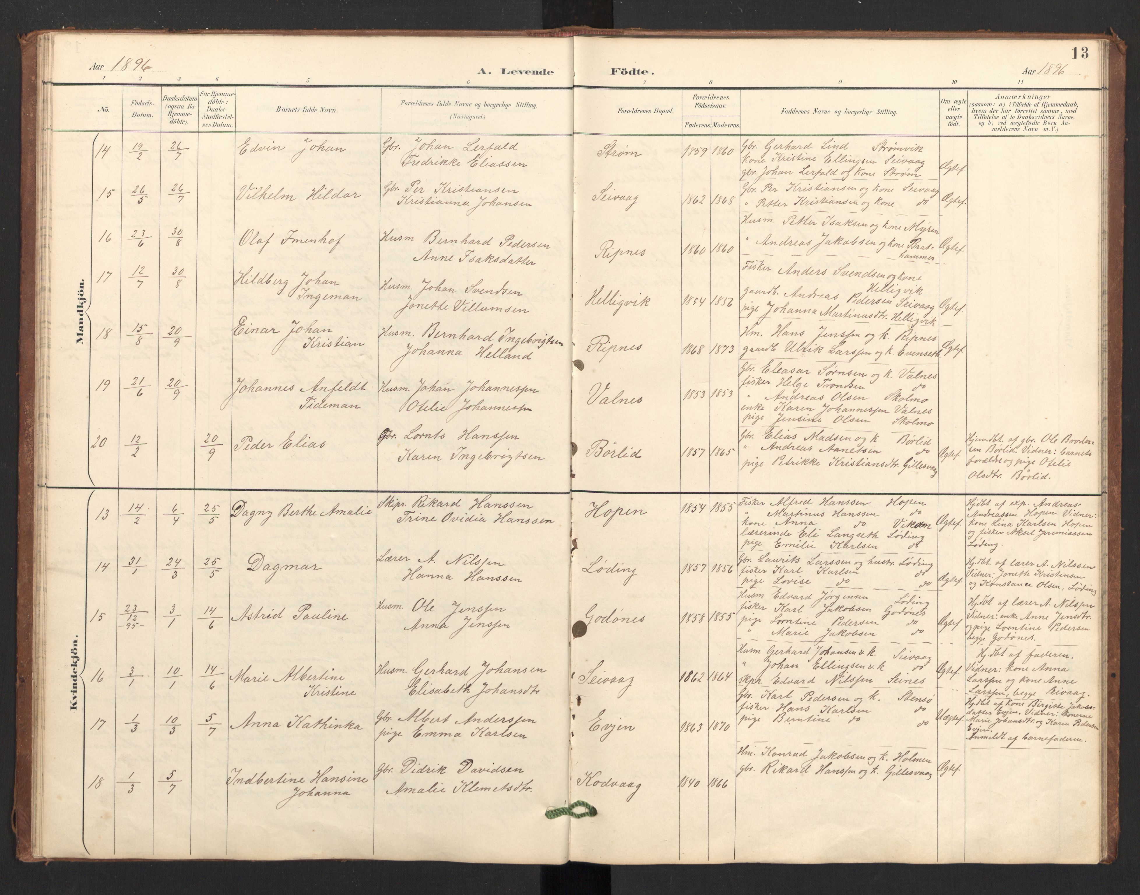 Ministerialprotokoller, klokkerbøker og fødselsregistre - Nordland, SAT/A-1459/804/L0087: Parish register (official) no. 804A08, 1894-1907, p. 13
