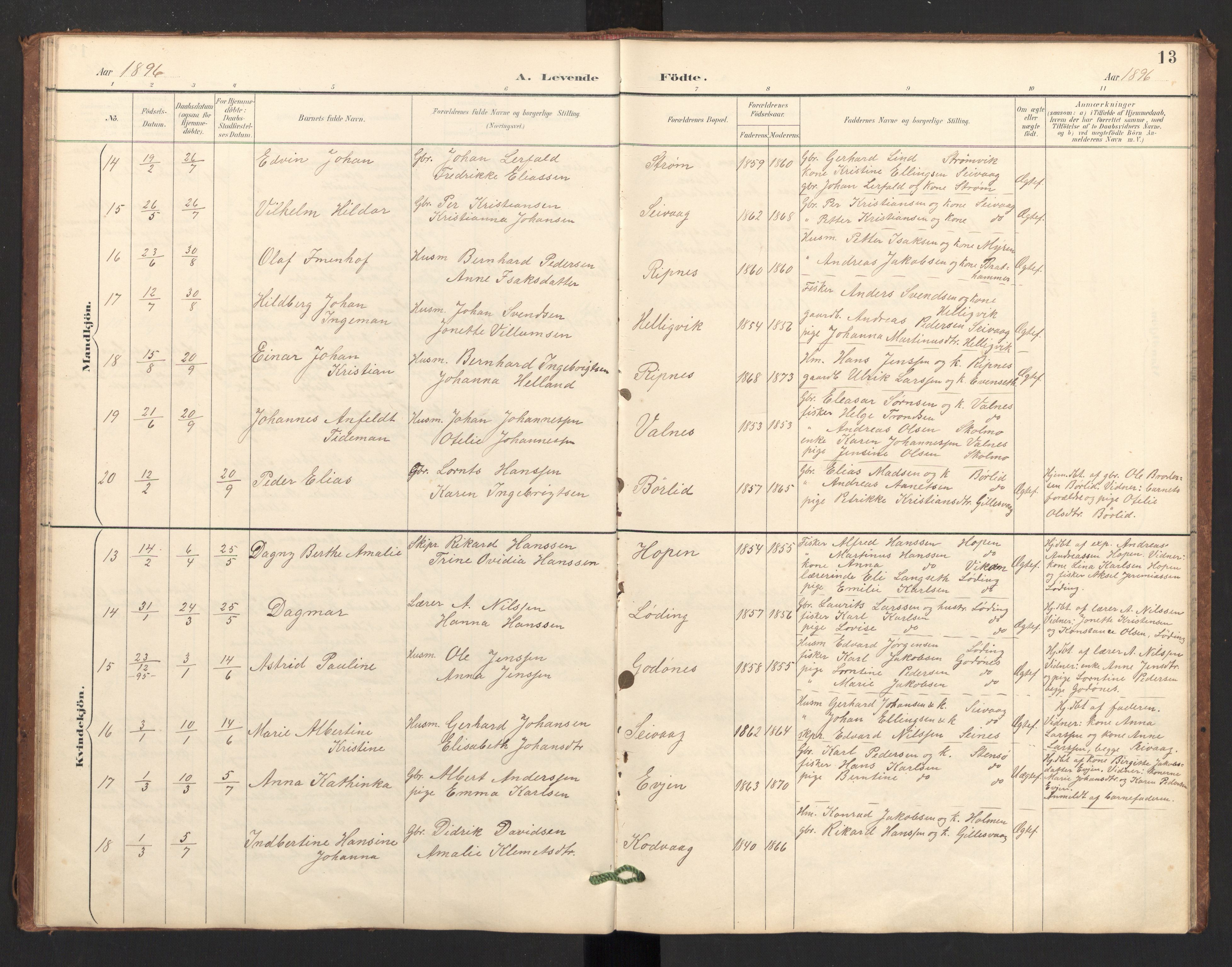 Ministerialprotokoller, klokkerbøker og fødselsregistre - Nordland, AV/SAT-A-1459/804/L0087: Parish register (official) no. 804A08, 1894-1907, p. 13