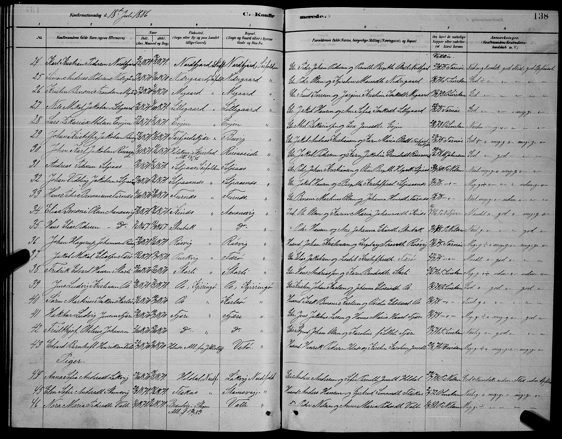 Ministerialprotokoller, klokkerbøker og fødselsregistre - Nordland, AV/SAT-A-1459/853/L0776: Parish register (copy) no. 853C04, 1878-1889, p. 138