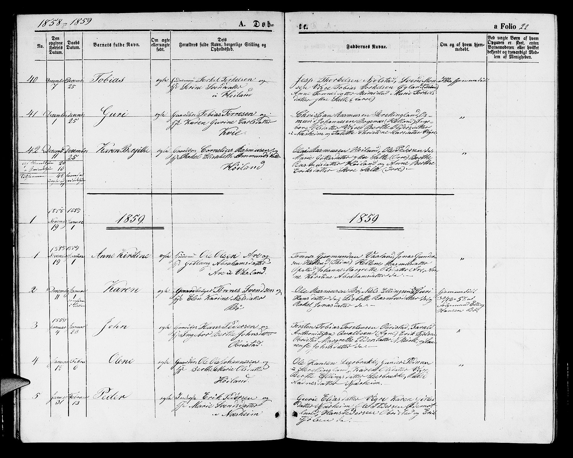 Hå sokneprestkontor, SAST/A-101801/001/30BB/L0001: Parish register (copy) no. B 1, 1854-1883, p. 22