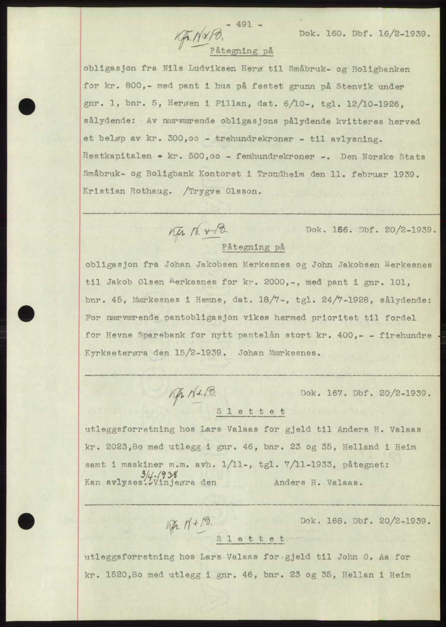 Hitra sorenskriveri, AV/SAT-A-0018/2/2C/2Ca: Mortgage book no. C1, 1936-1945, Diary no: : 160/1939