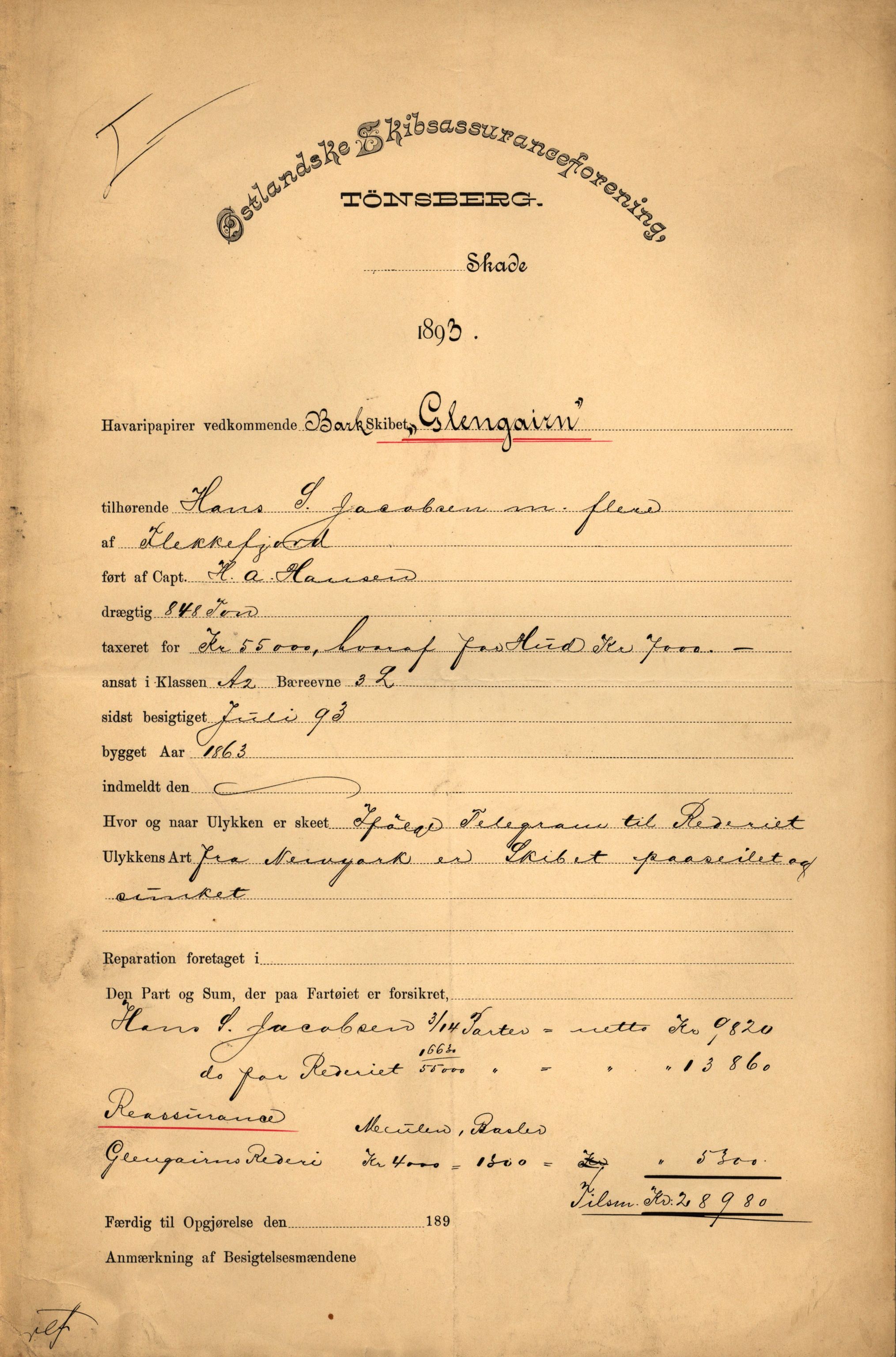 Pa 63 - Østlandske skibsassuranceforening, VEMU/A-1079/G/Ga/L0030/0006: Havaridokumenter / Sylvia, Stærk, Cathrine, Caroline, Glengairn, 1893, p. 42