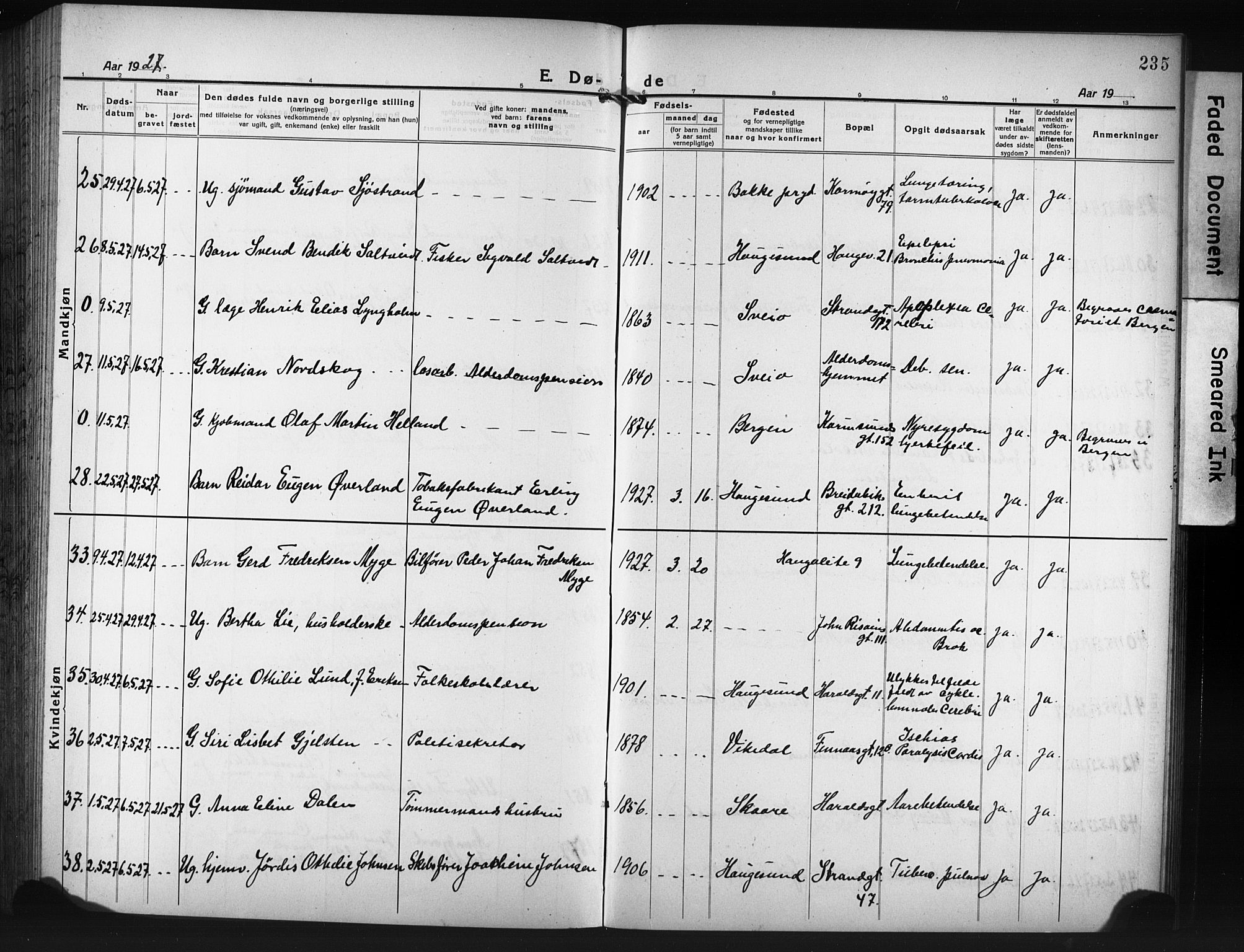 Haugesund sokneprestkontor, SAST/A -101863/H/Ha/Hab/L0010: Parish register (copy) no. B 10, 1920-1931, p. 235