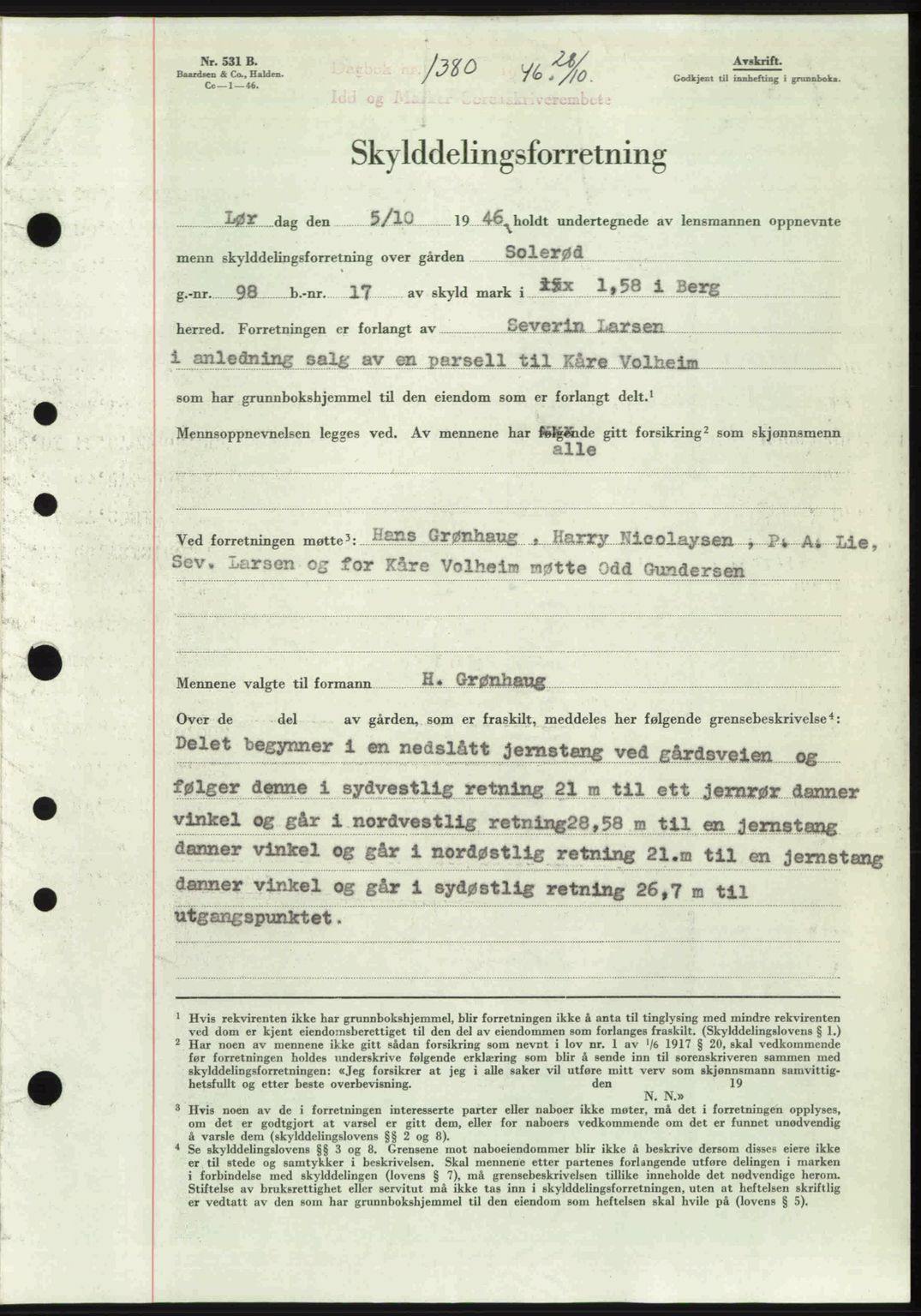 Idd og Marker sorenskriveri, AV/SAO-A-10283/G/Gb/Gbb/L0008: Mortgage book no. A8, 1946-1946, Diary no: : 1380/1946