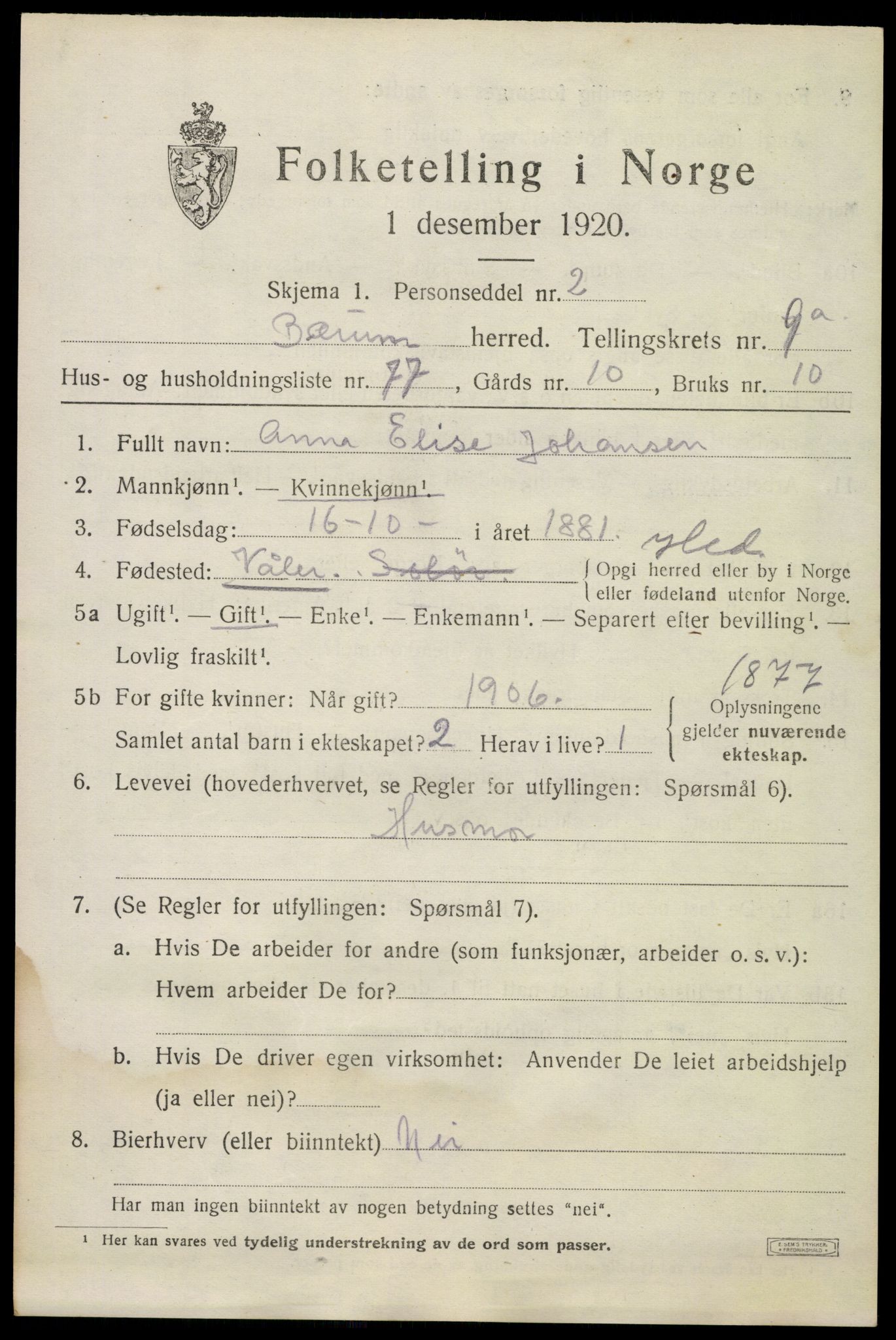 SAO, 1920 census for Bærum, 1920, p. 20004