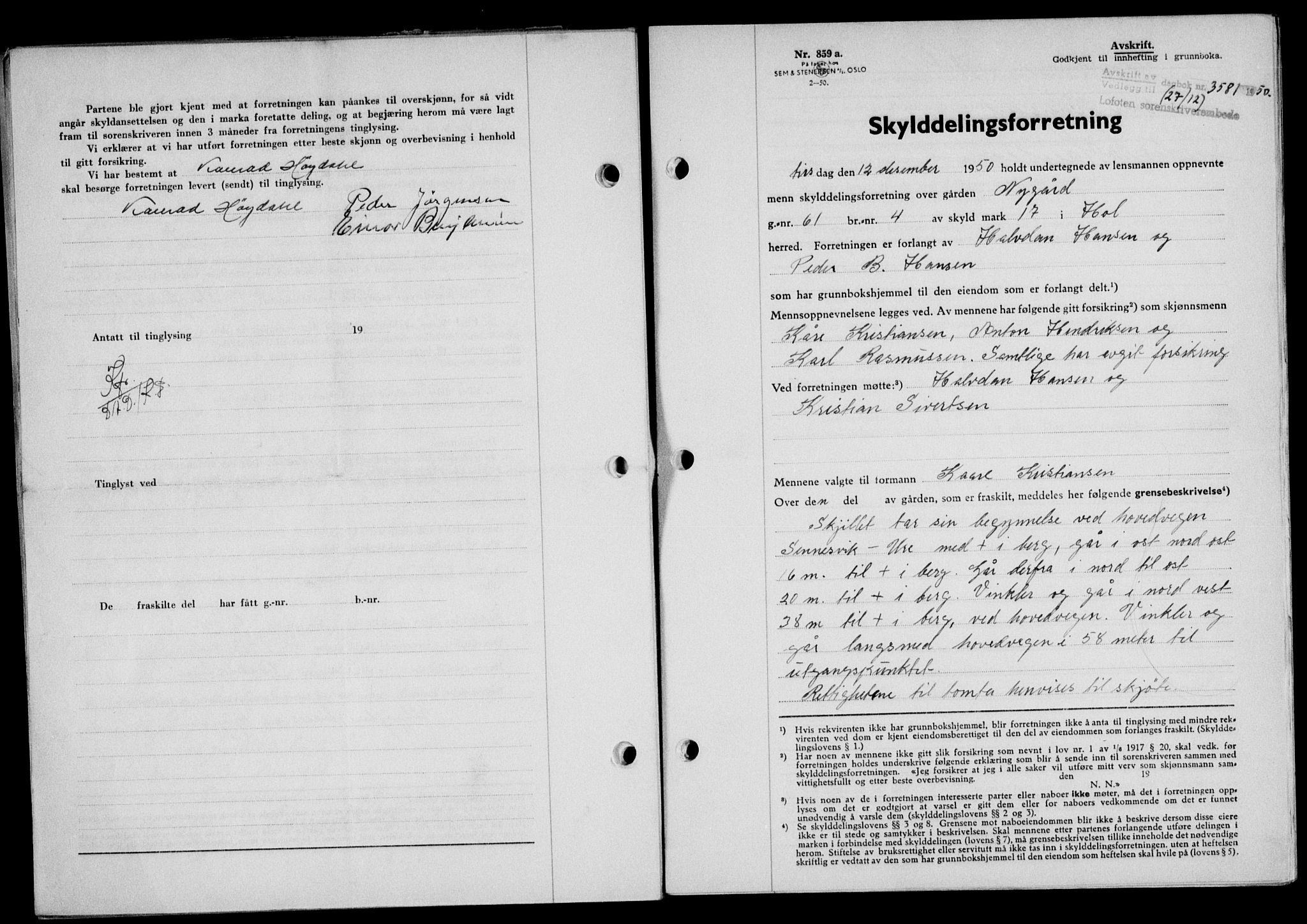 Lofoten sorenskriveri, SAT/A-0017/1/2/2C/L0025a: Mortgage book no. 25a, 1950-1951, Diary no: : 3581/1950