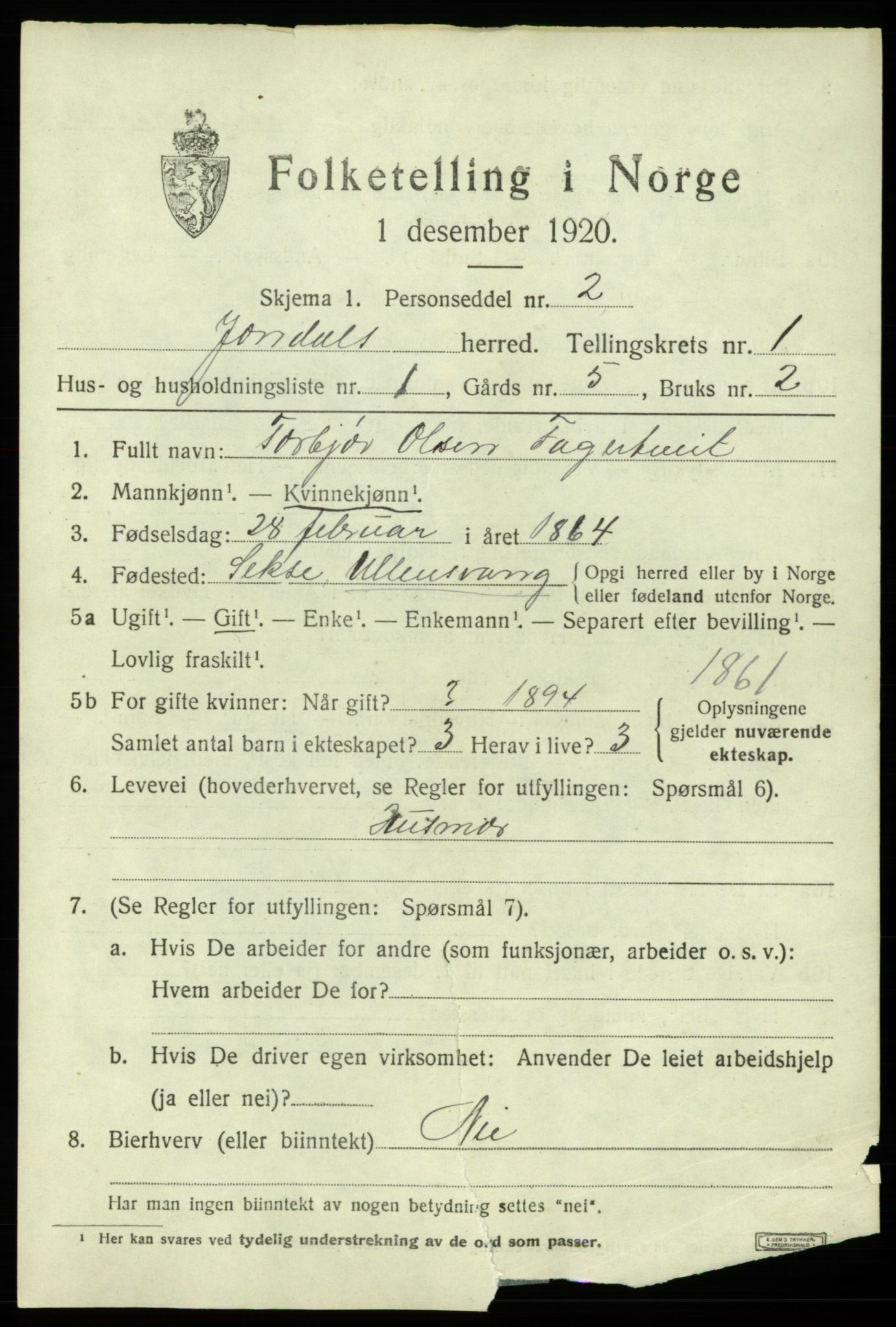 SAB, 1920 census for Jondal, 1920, p. 846