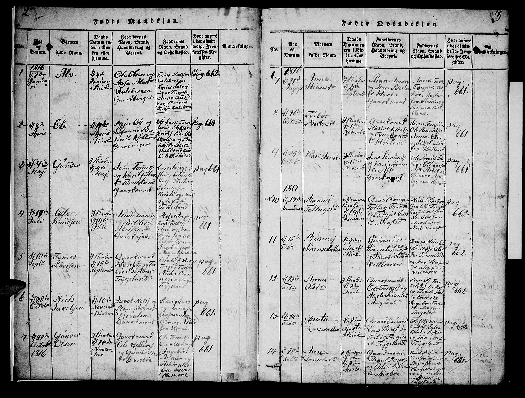 Bjelland sokneprestkontor, SAK/1111-0005/F/Fa/Faa/L0002: Parish register (official) no. A 2, 1816-1866, p. 2-3