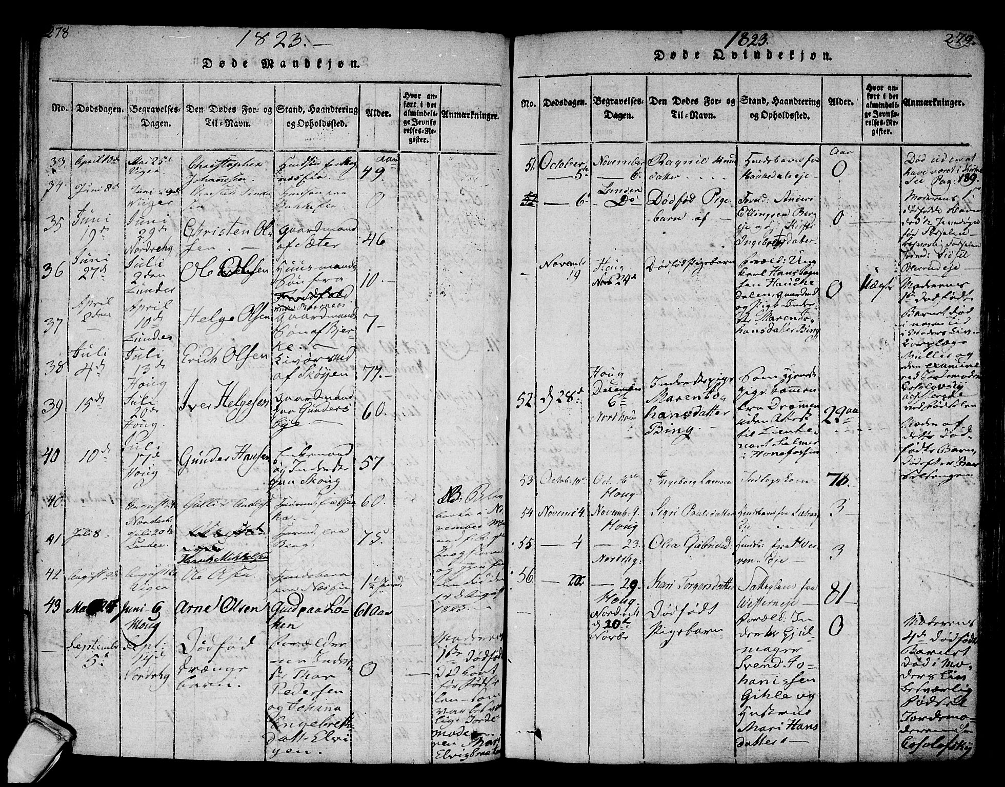 Norderhov kirkebøker, AV/SAKO-A-237/F/Fa/L0008: Parish register (official) no. 8, 1814-1833, p. 278-279