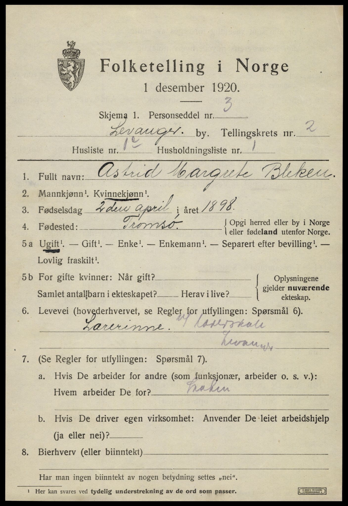 SAT, 1920 census for Levanger town, 1920, p. 2808