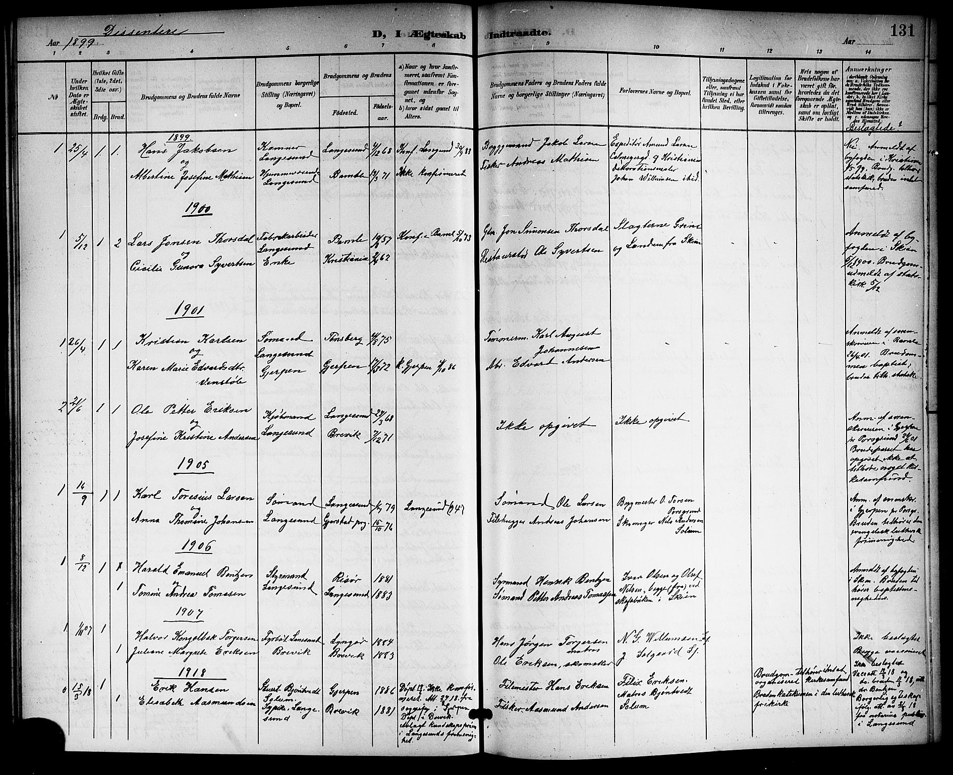 Langesund kirkebøker, SAKO/A-280/G/Ga/L0006: Parish register (copy) no. 6, 1899-1918, p. 131