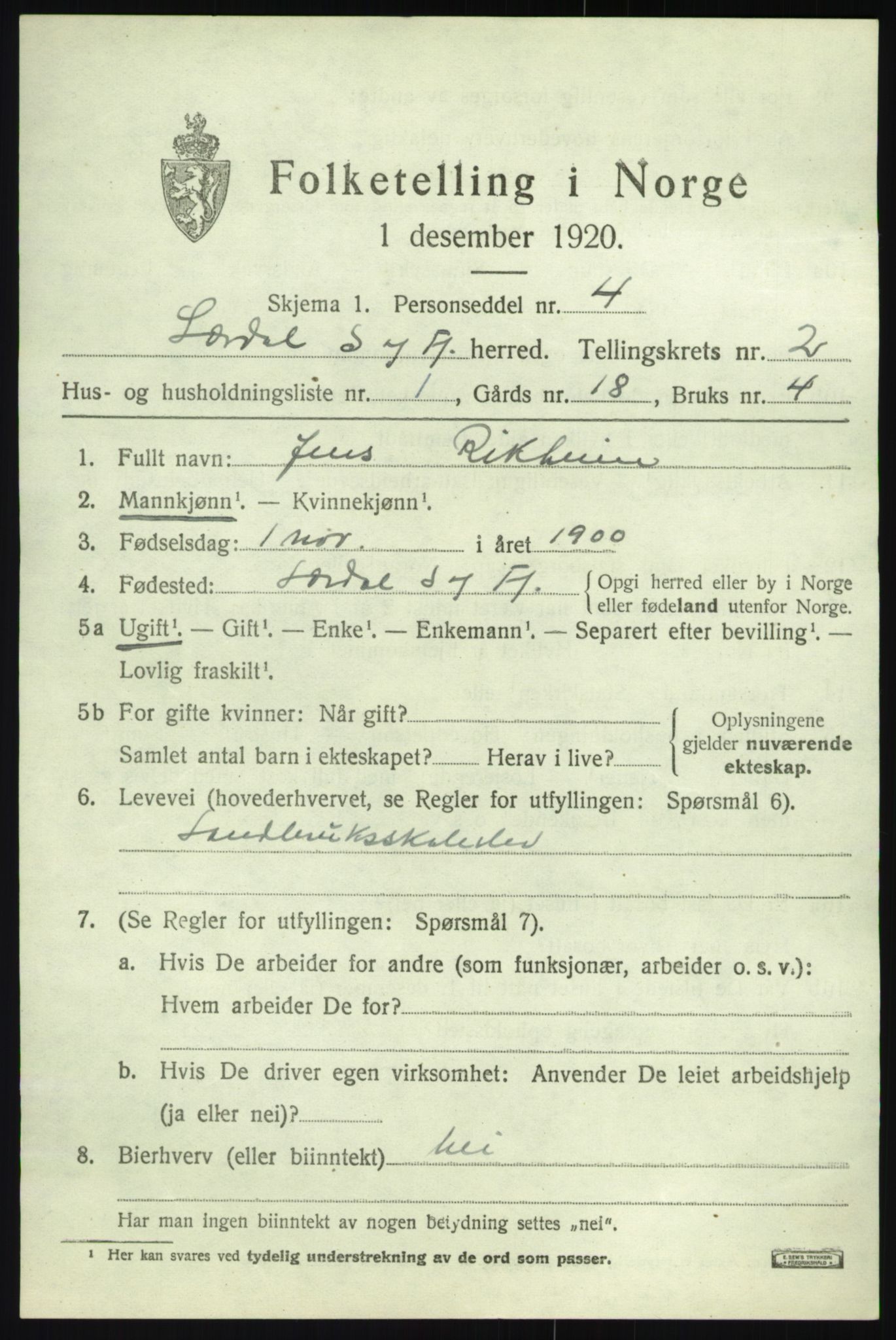 SAB, 1920 census for Lærdal, 1920, p. 1248